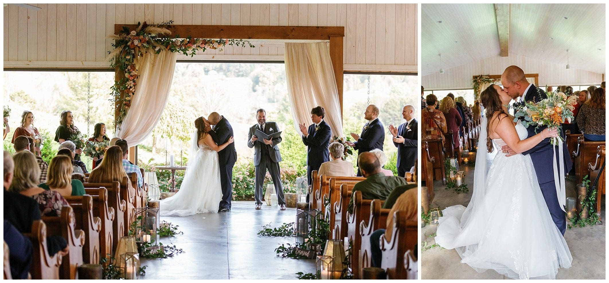 couple shares first kiss at their Chestnut Ridge wedding