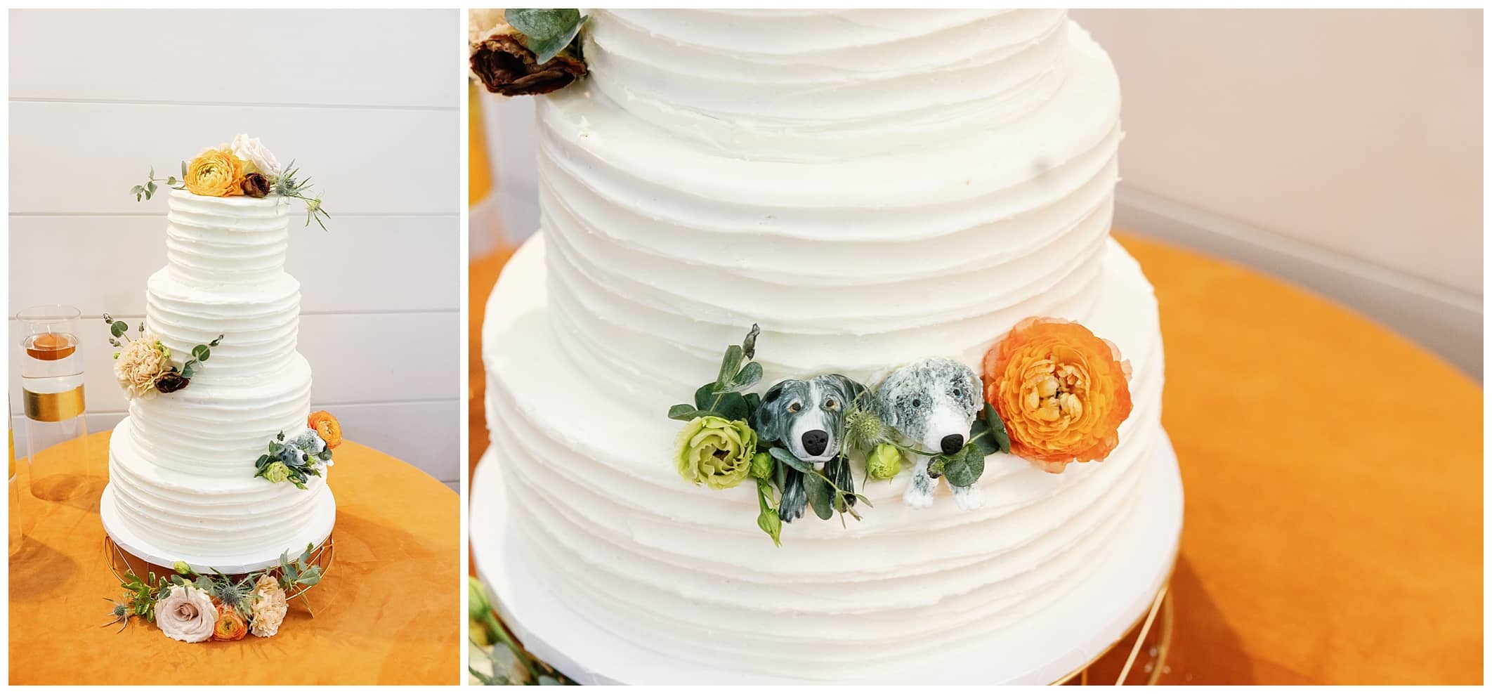 basic white wedding cake with orange table cloth and a few fall flowers with two dog figurines
