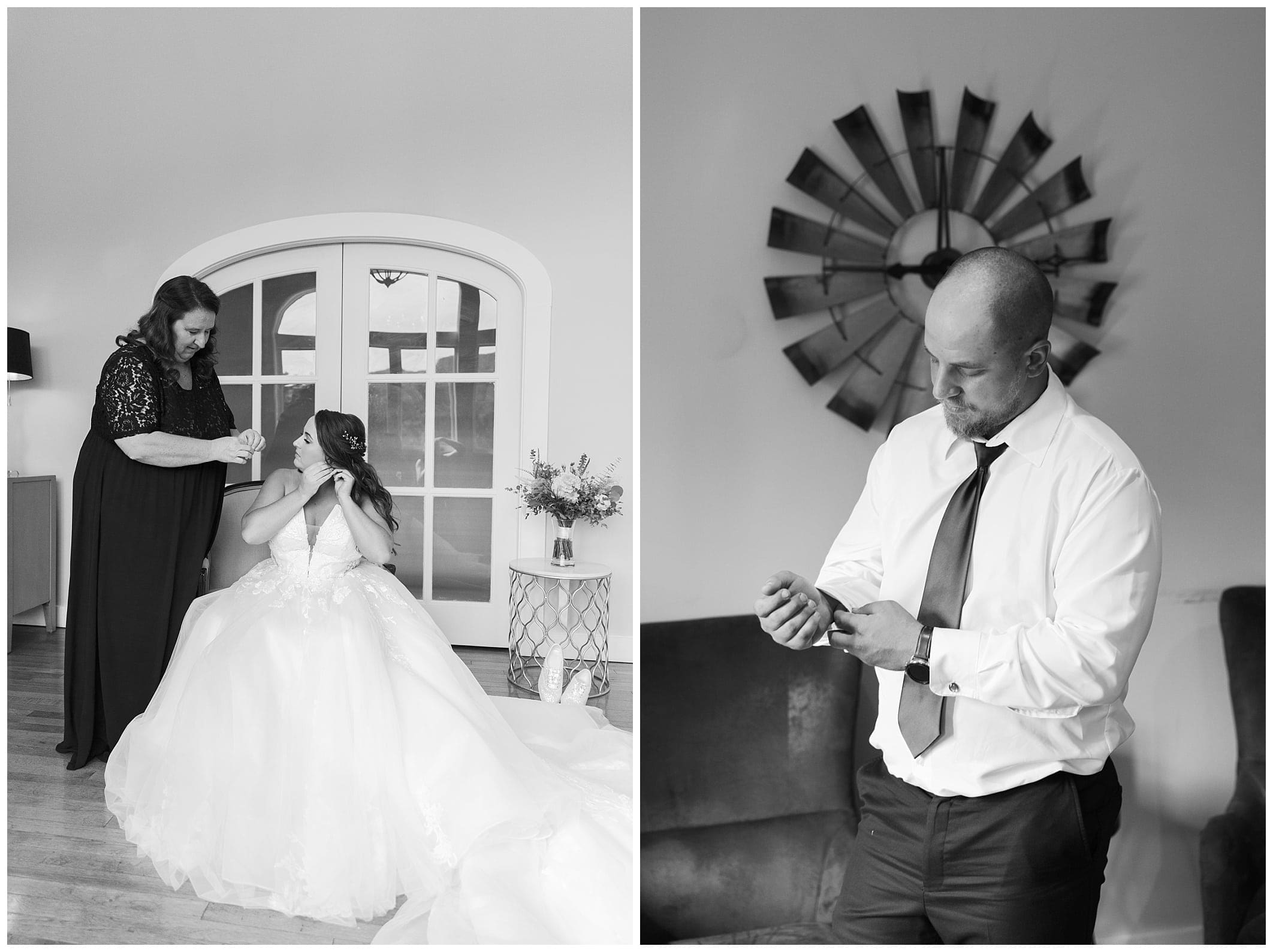 bride getting ready with her mom, groom putting on his final details