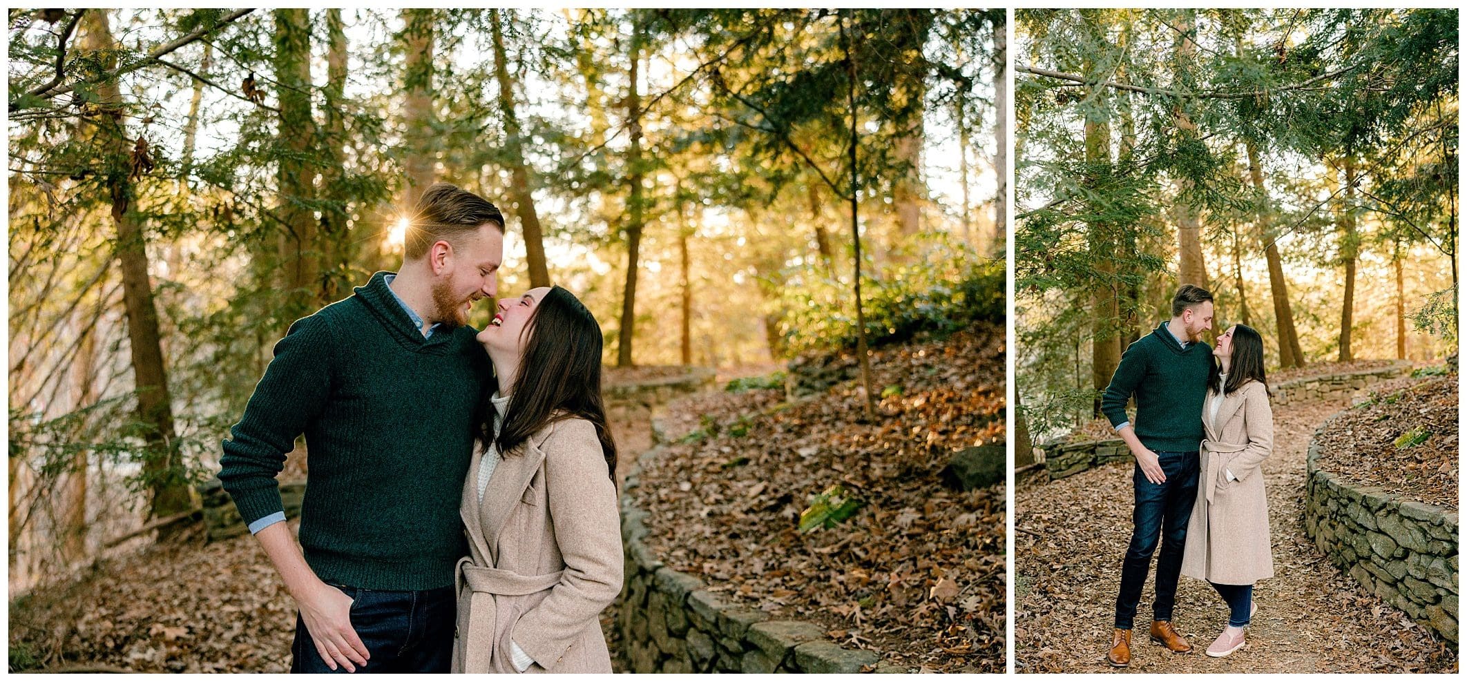 couple walks along path with leaves for their Asheville engagement session