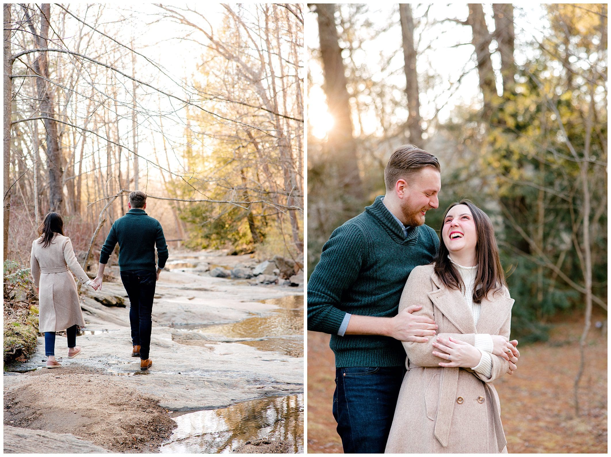 couple walks along stream for their winter engagement photos