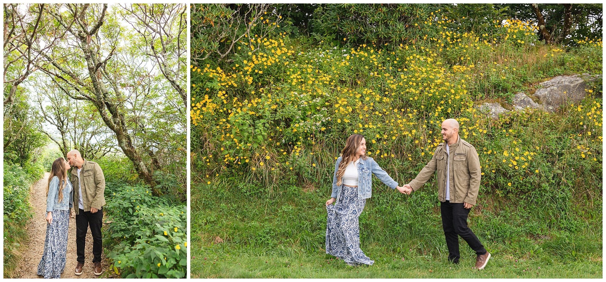 Couple poses for their Blue Ridge Parkway engagement session while walking through mountainside greenery