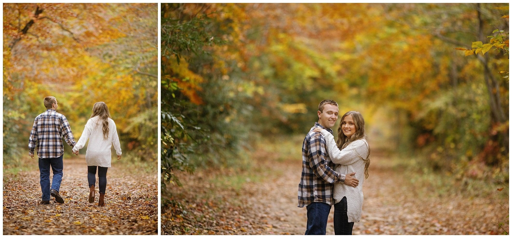 couple posing in front of fall leaves for their engagement session