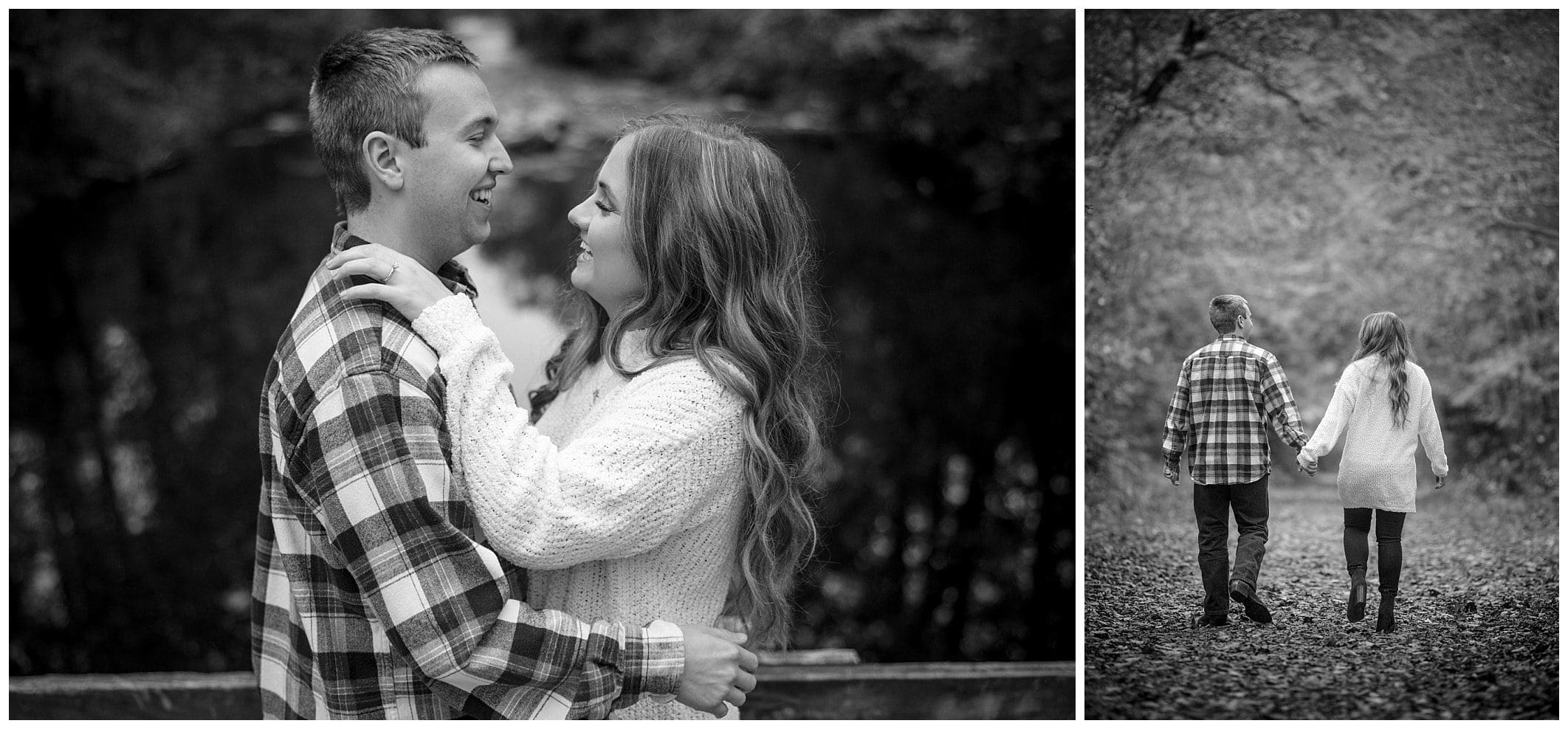 black and white photos of couple in the fall leaves for their engagement session