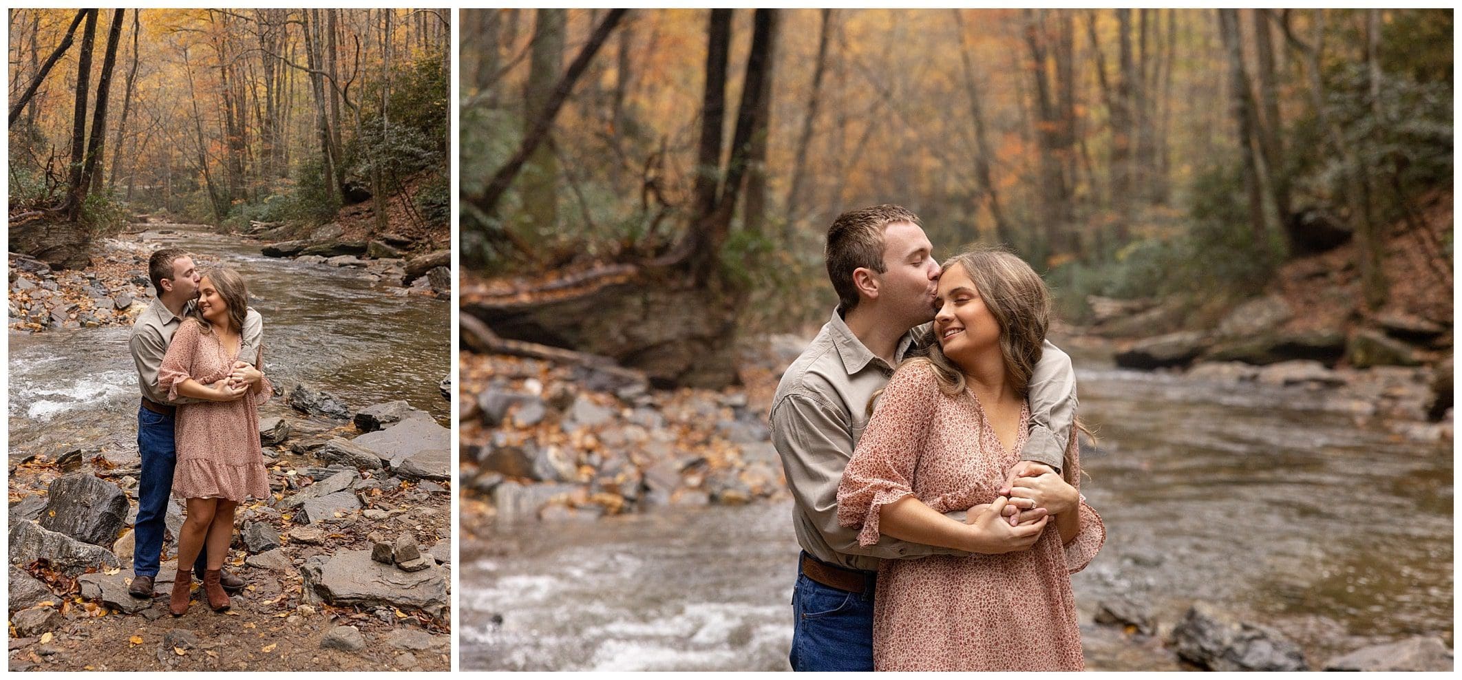 Couple snuggles for engagement session at Looking Glass Falls in Brevard, NC