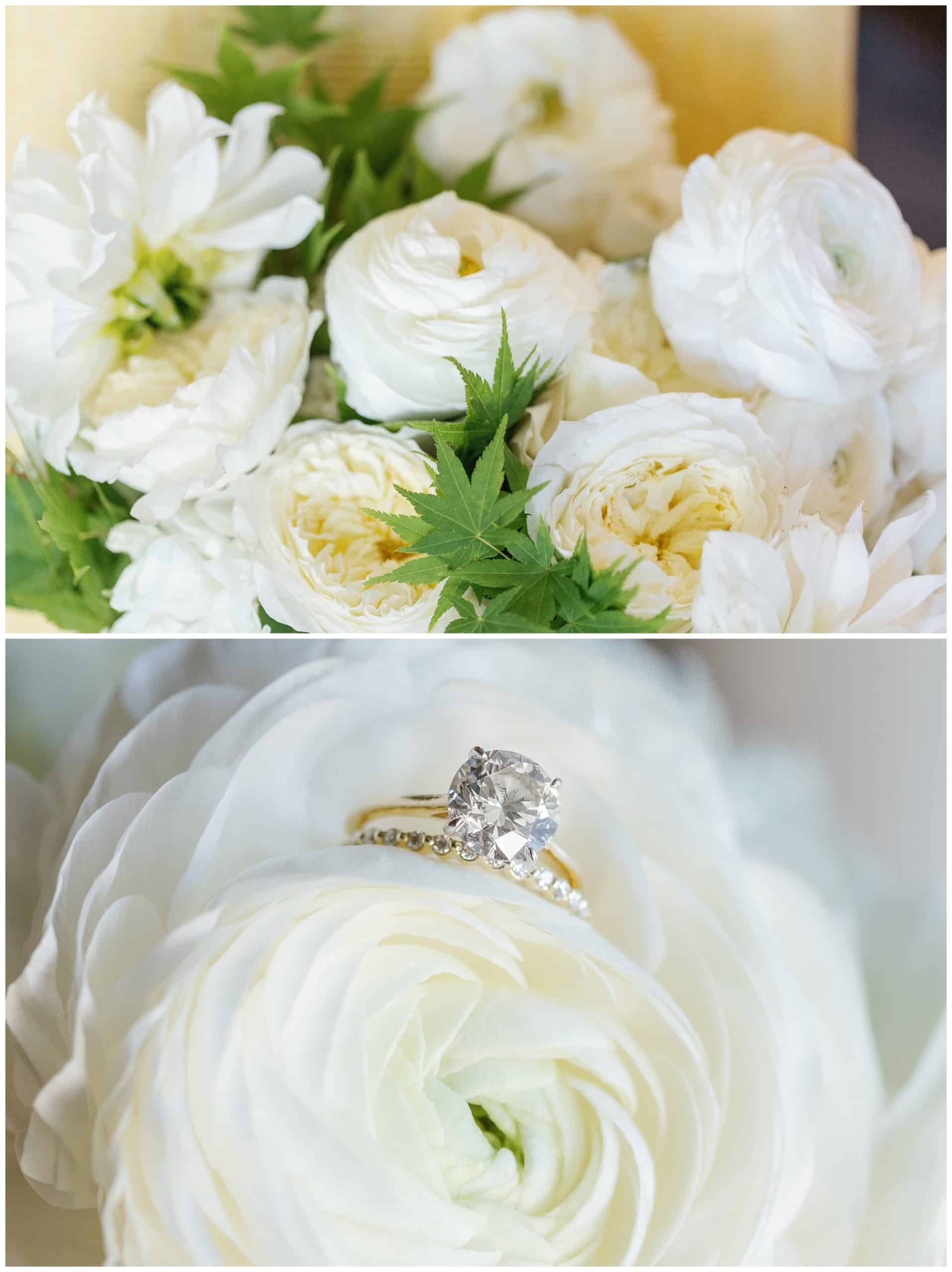 White wedding flowers with ring inside