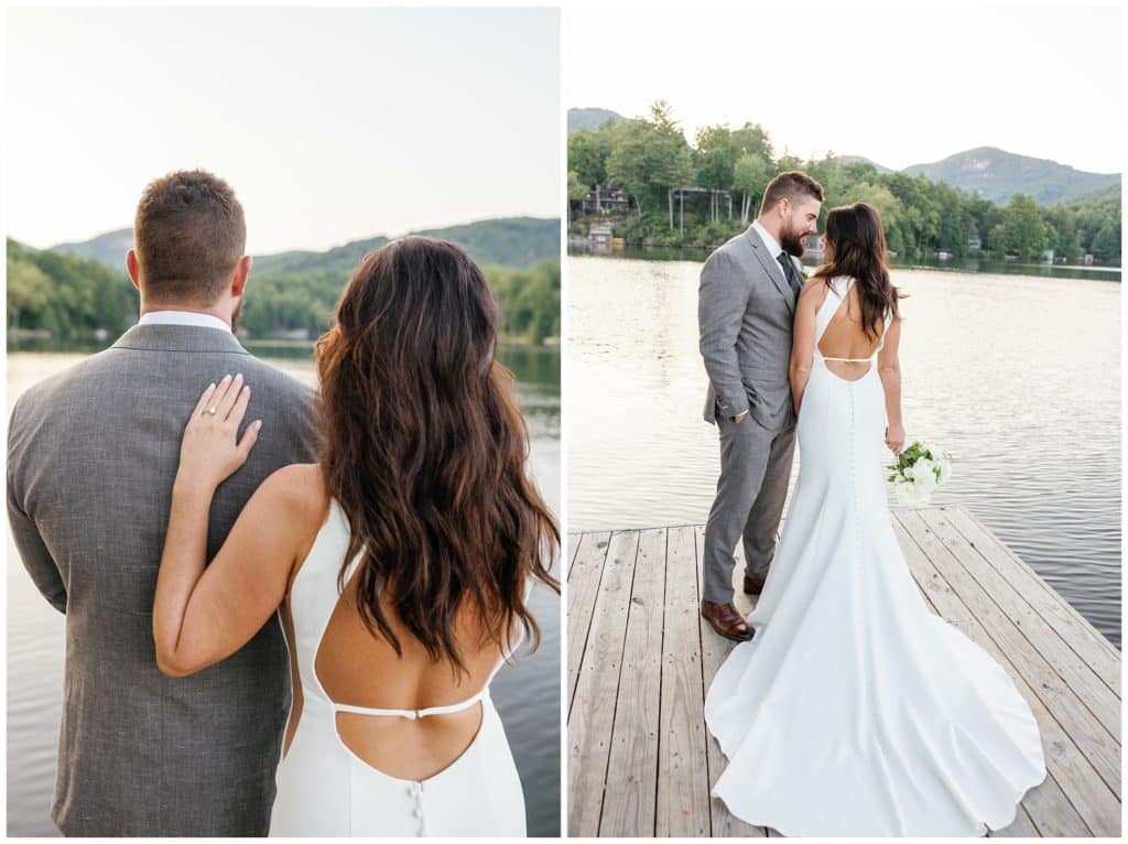 Bride and groom pose for portraits in front of Lake Toxaway