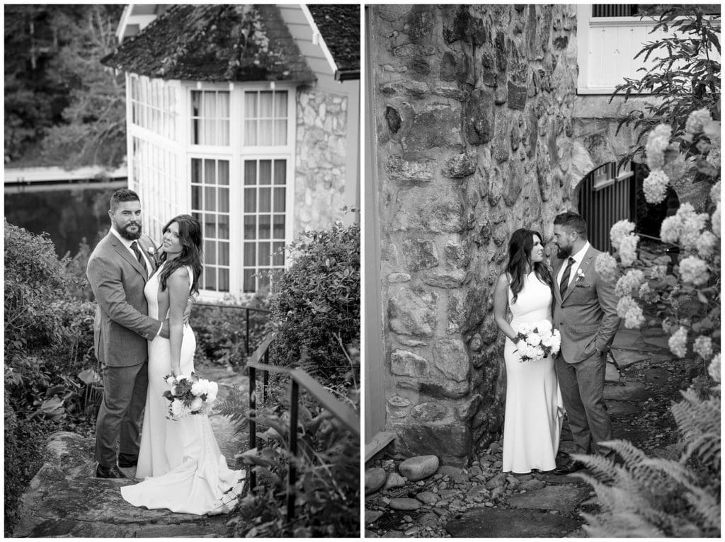 Black and white portraits of a bride and groom outdoors in front of stone building