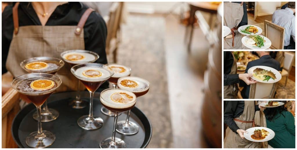 Specialty cocktails and plated meals at intimate wedding