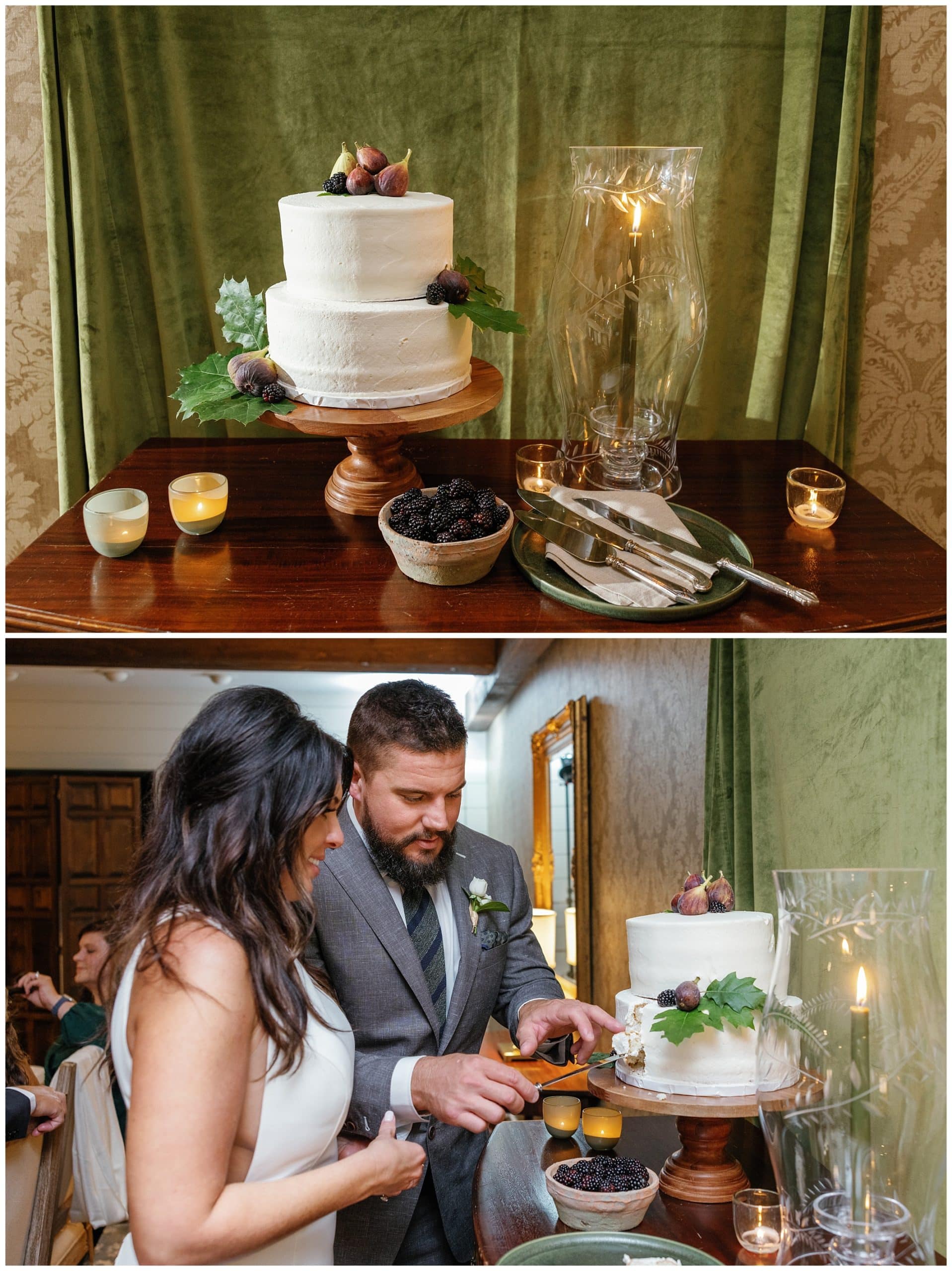 Couple cuts small white wedding cake with fresh figs and blackberries