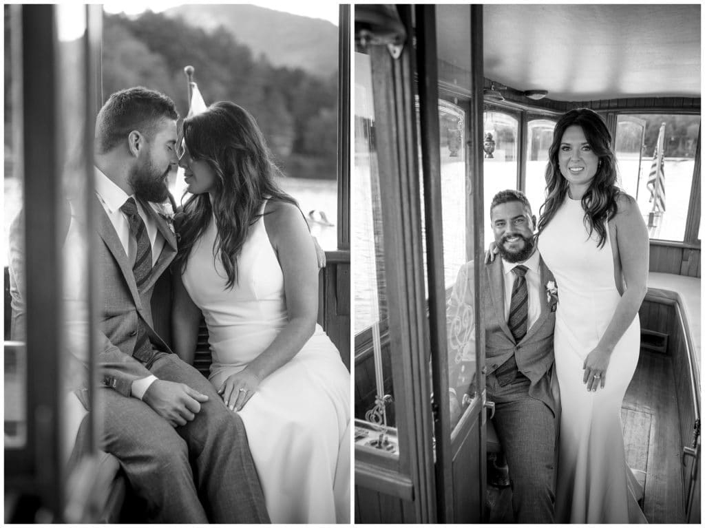 Bride and groom on a small wooden charter boat