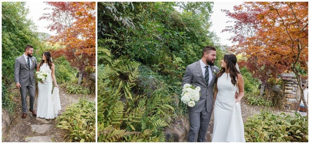 Bride and groom pose for portraits after wedding outdoors