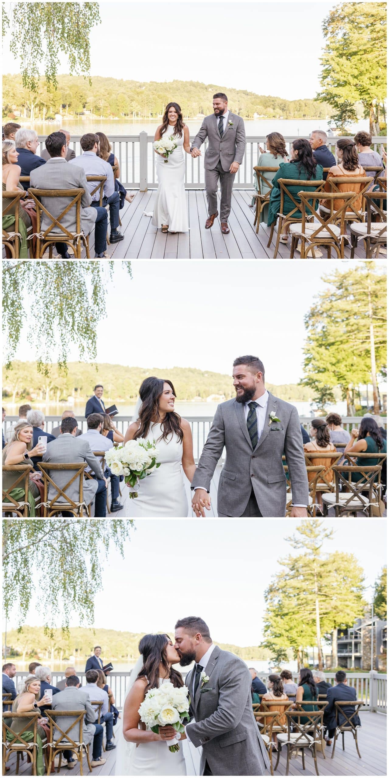 A couple walking down the aisle after getting married in front of Lake Toxaway