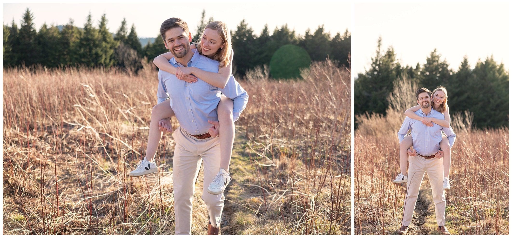 man gives woman piggy back as they pose for the engagement session