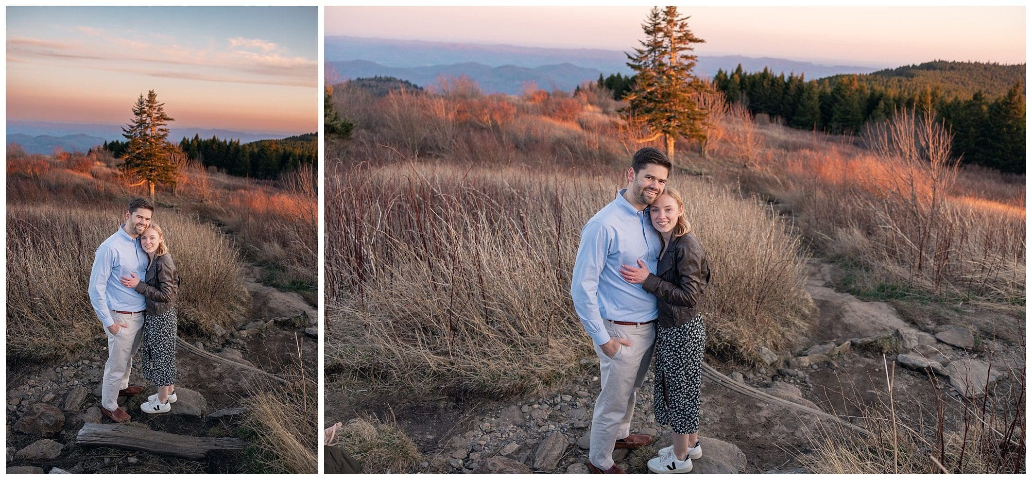 couple poses at dusk for their Black Balsam engagement session