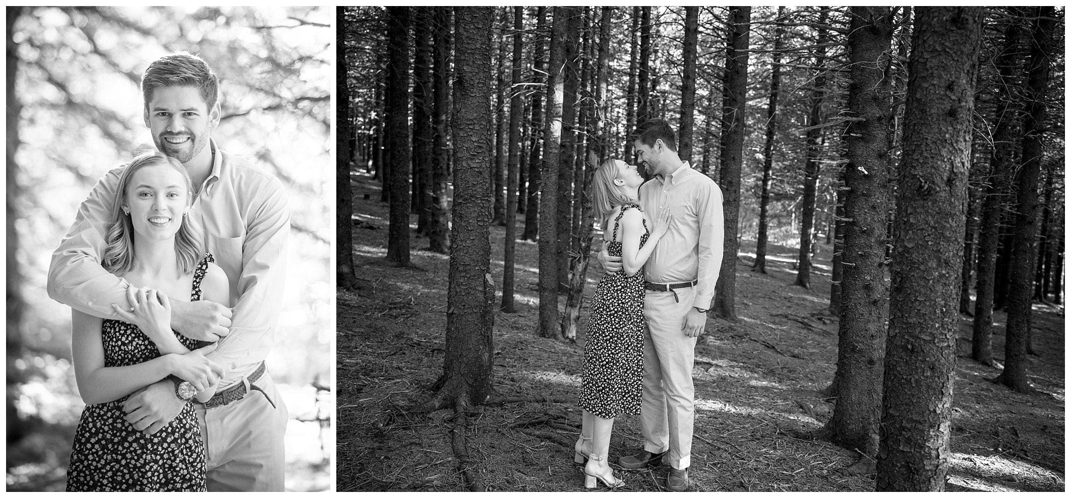 black and white engagement photo of couple in forest