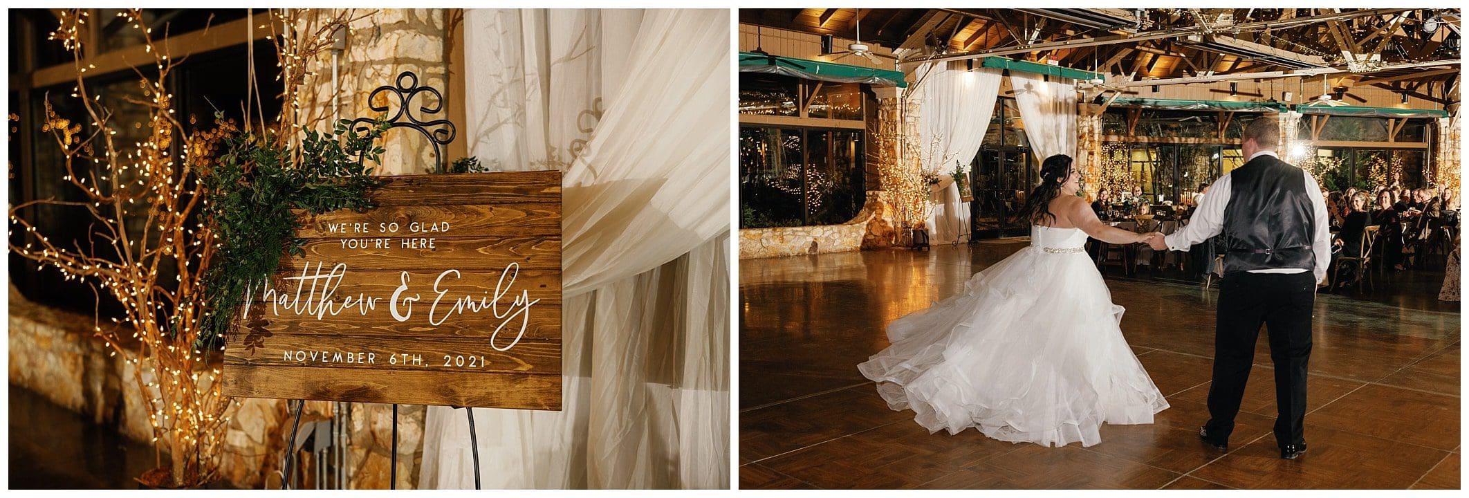 wooden sign for wedding and couple dancing for their first dance