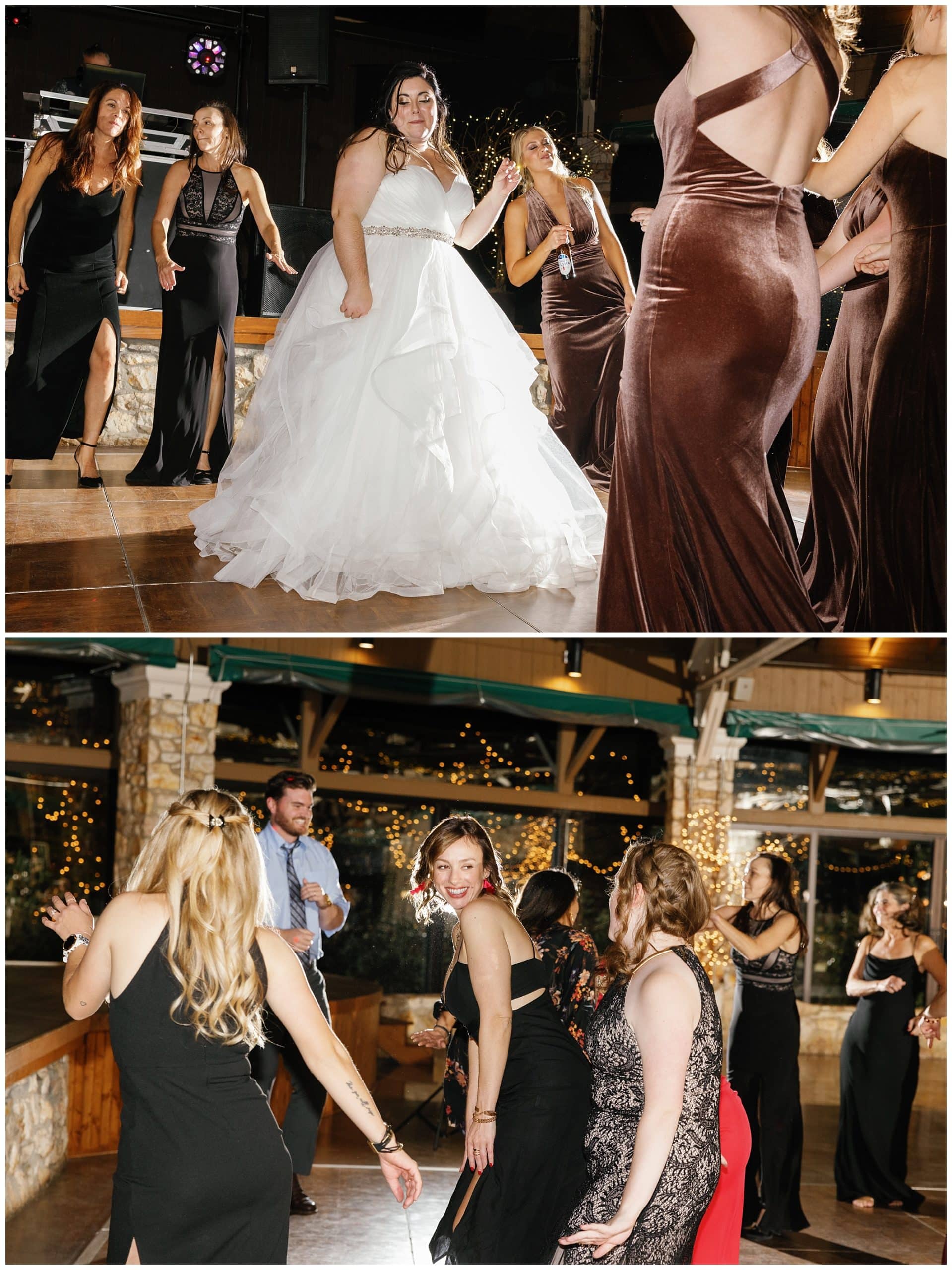 bride and guests on dance floor for November wedding