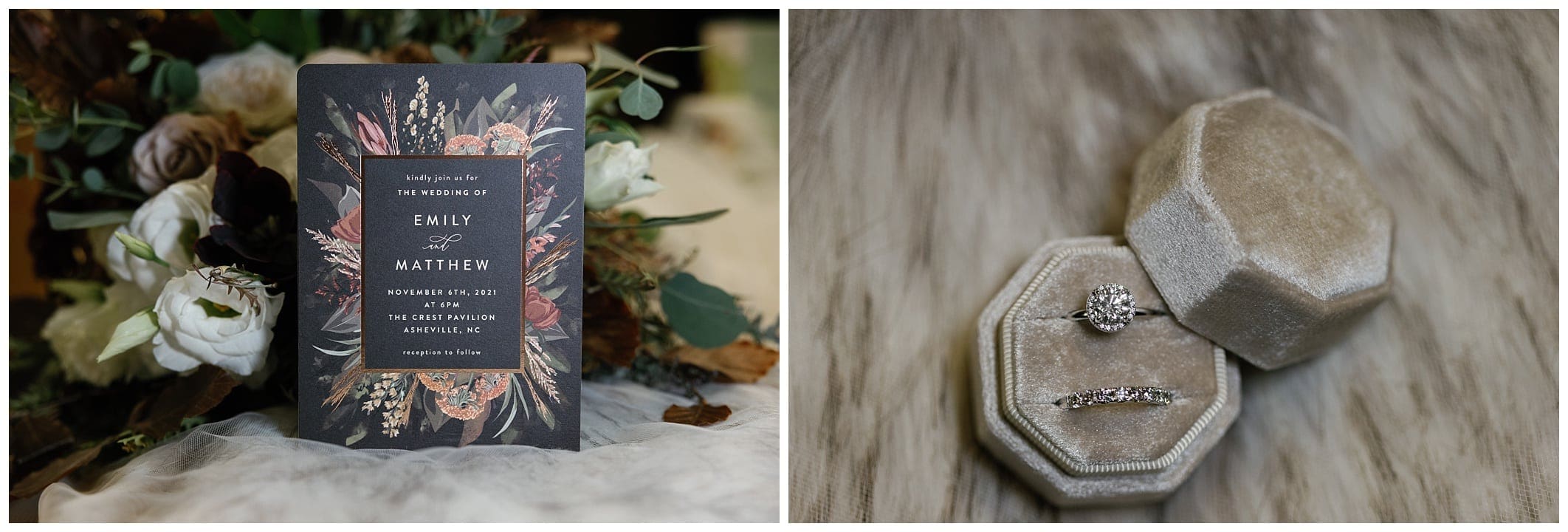 invitation and wedding ring in velvet box for a November wedding