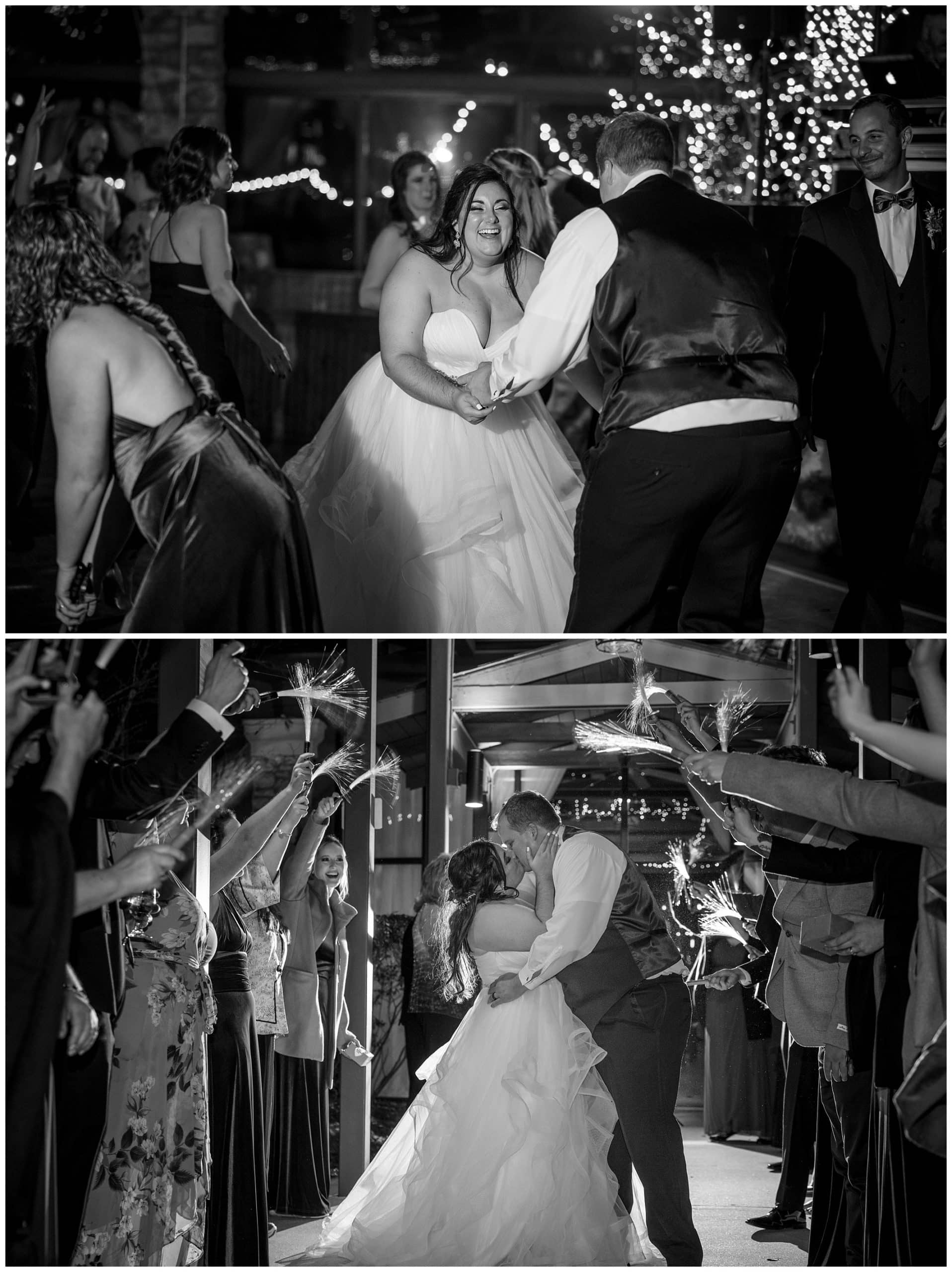 black and white photo of bride and groom dancing and doing a grand exit