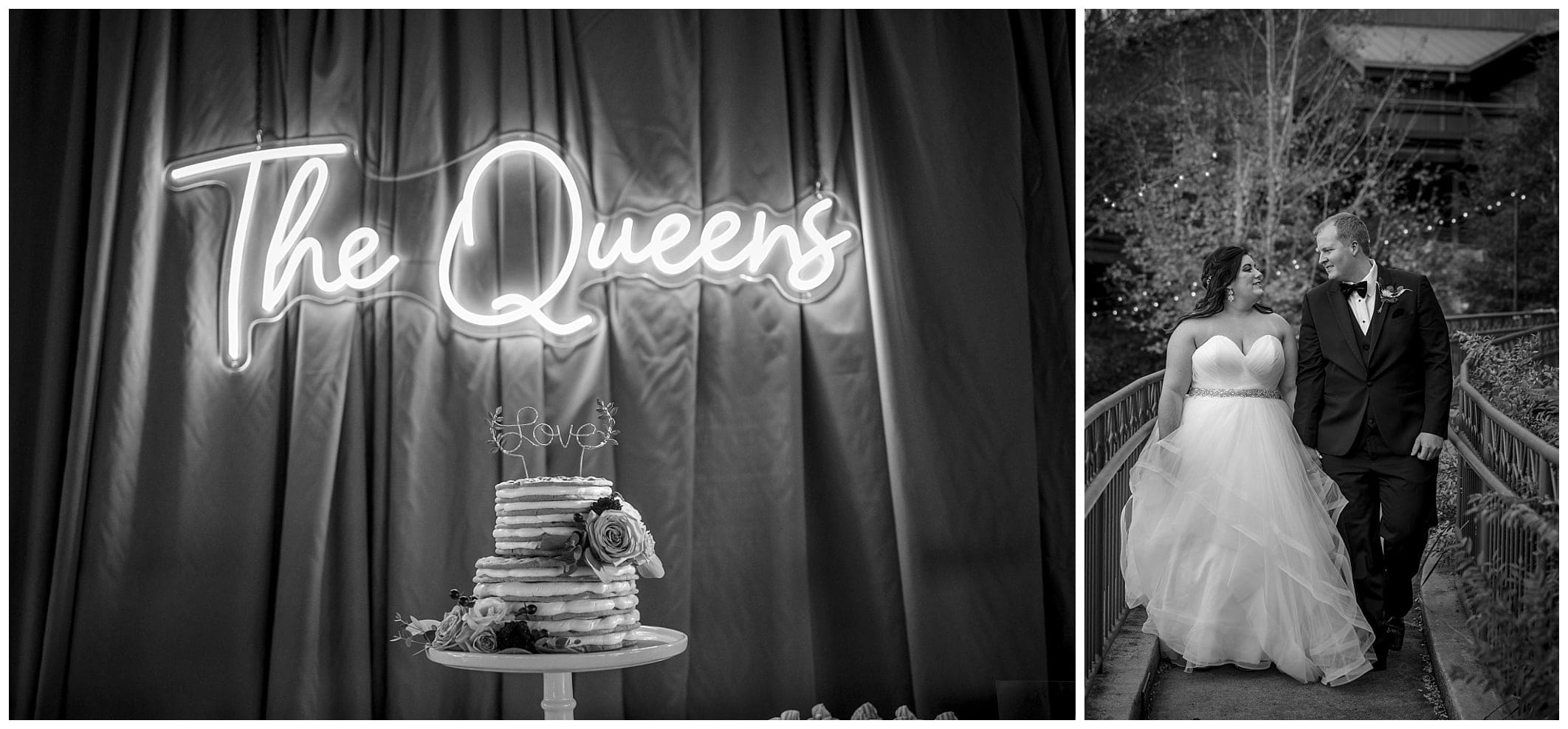 black and white wedding photo of a cake and neon sign and couple walking