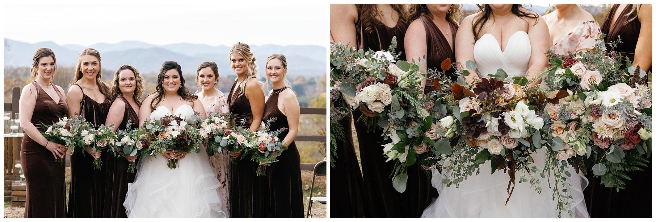 bride and bridesmaids posing outdoors with bouquets for a November wedding