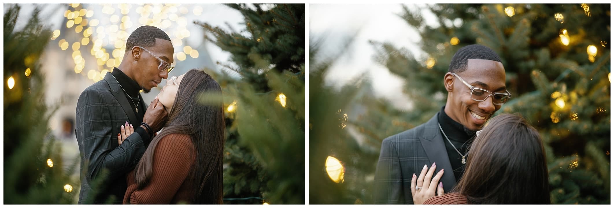 couple shares a snuggle for their Christmas engagement session