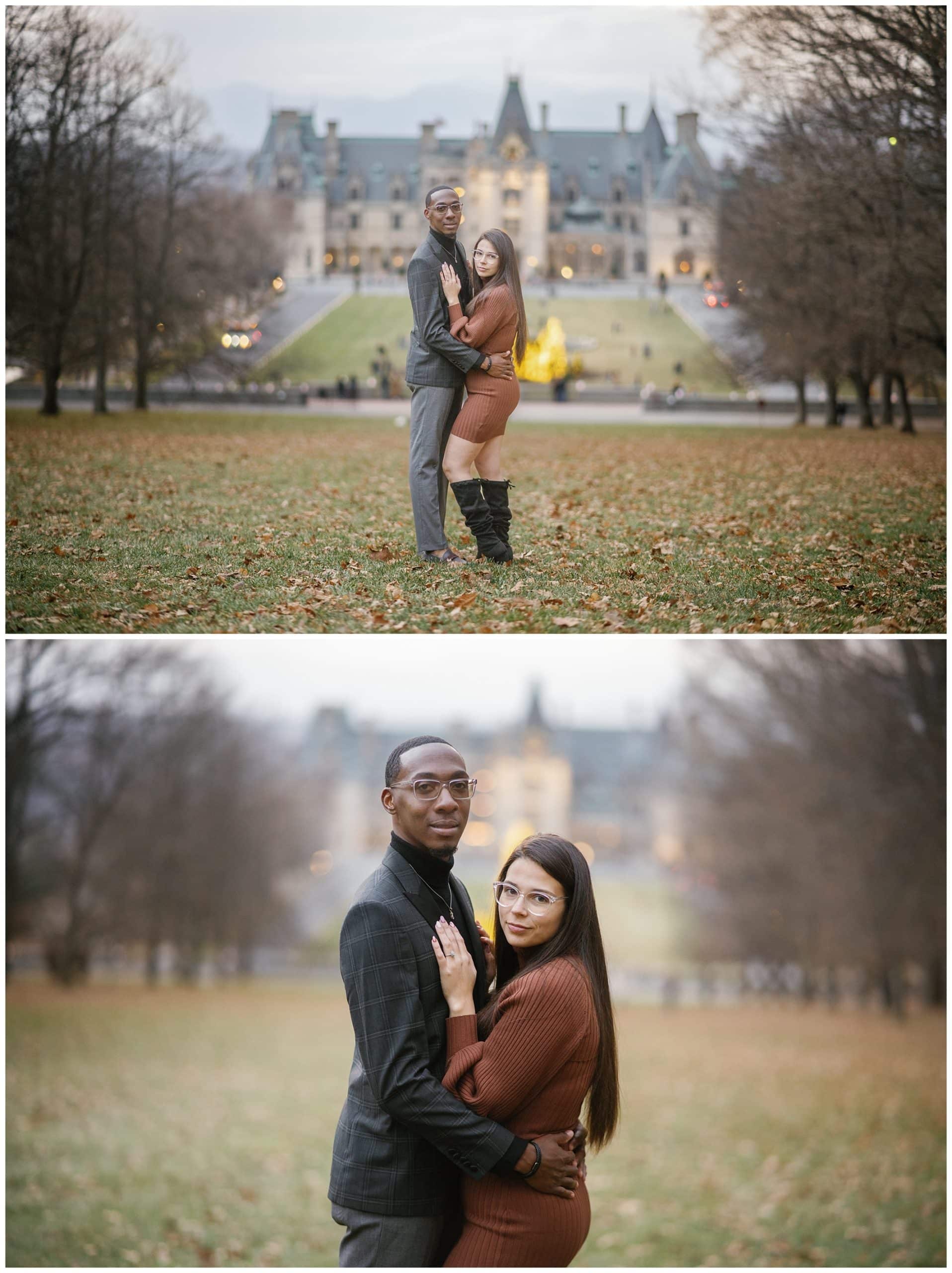 couple poses in front of the Biltmore Estate for their winter engagement session