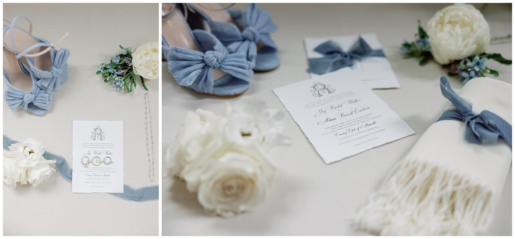blue and white wedding day details