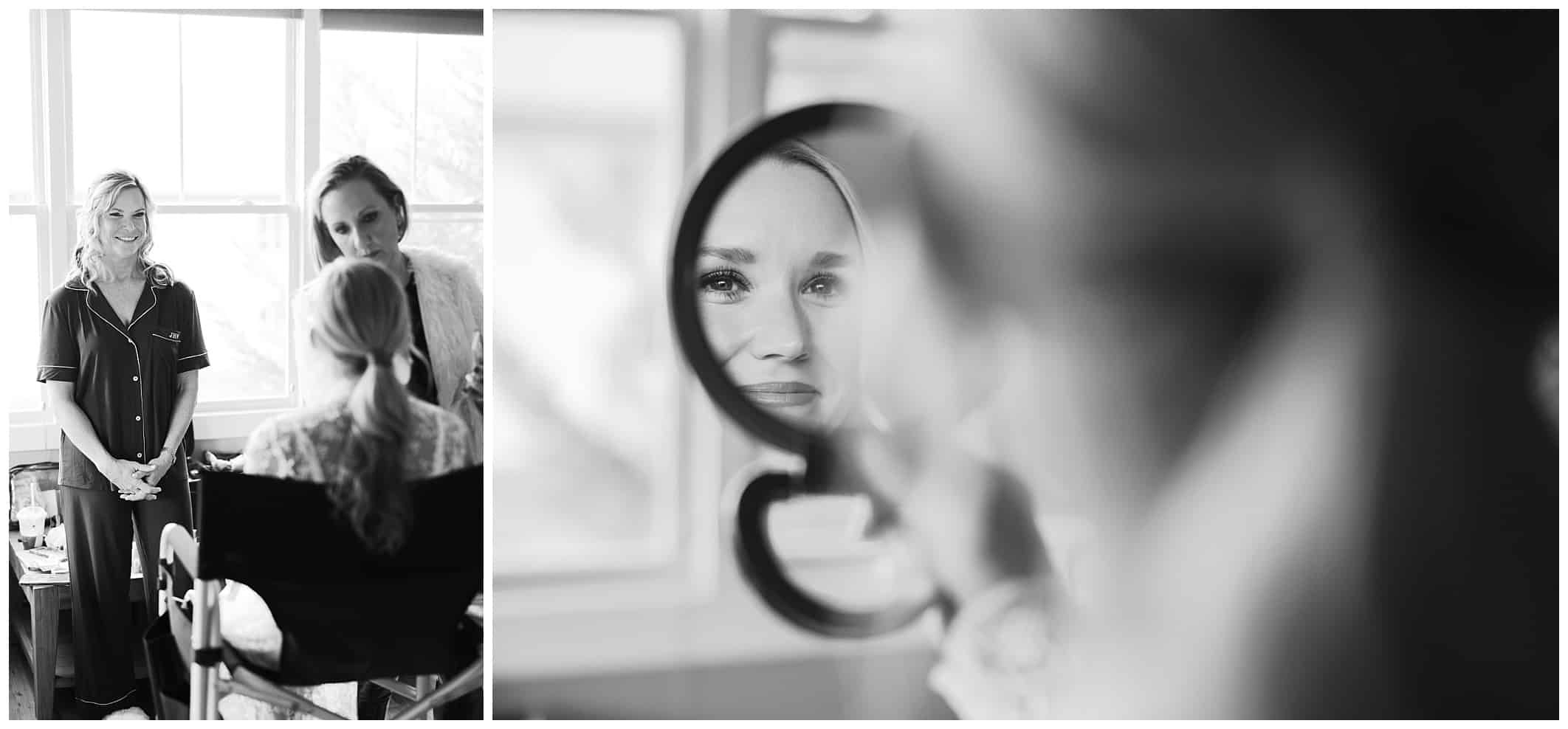 black and white photo of bride getting her makeup done on her wedding day