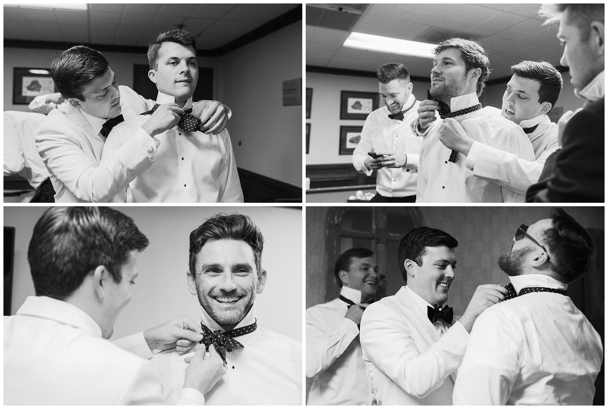 black and white photos of groom and groomsmen getting ready for Asheville winter wedding