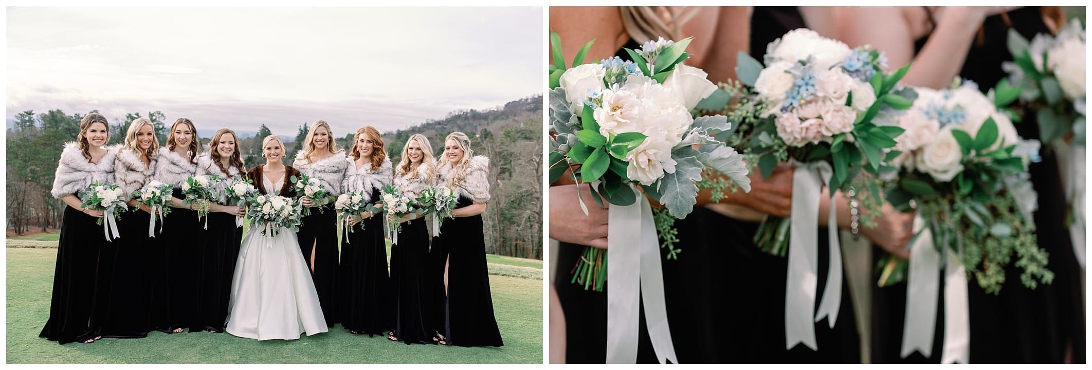 bride poses with bridesmaids in black dresses wearing furs our Asheville winter wedding