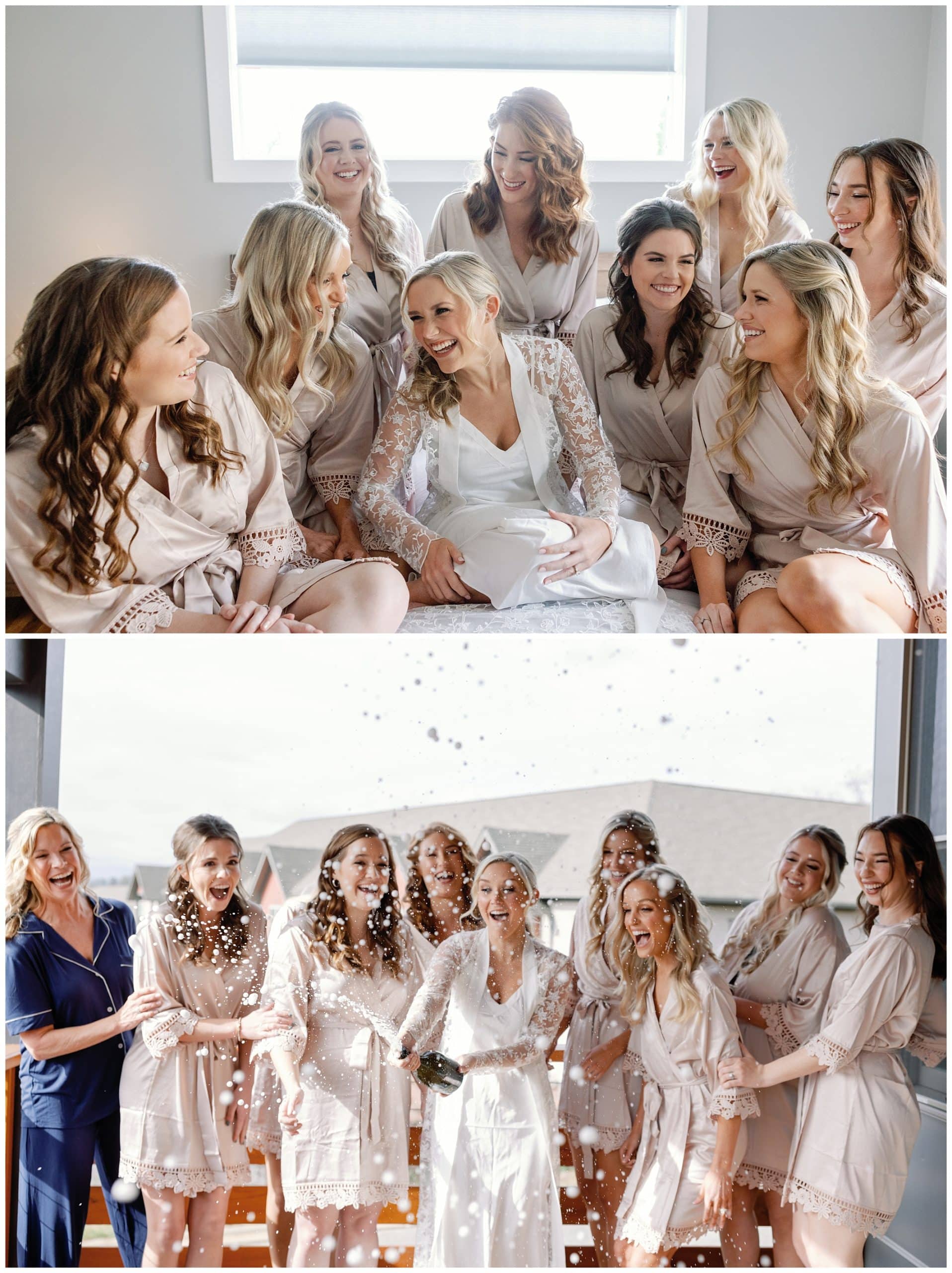 bride and bridesmaids wearing robes on bed laughing on her wedding day