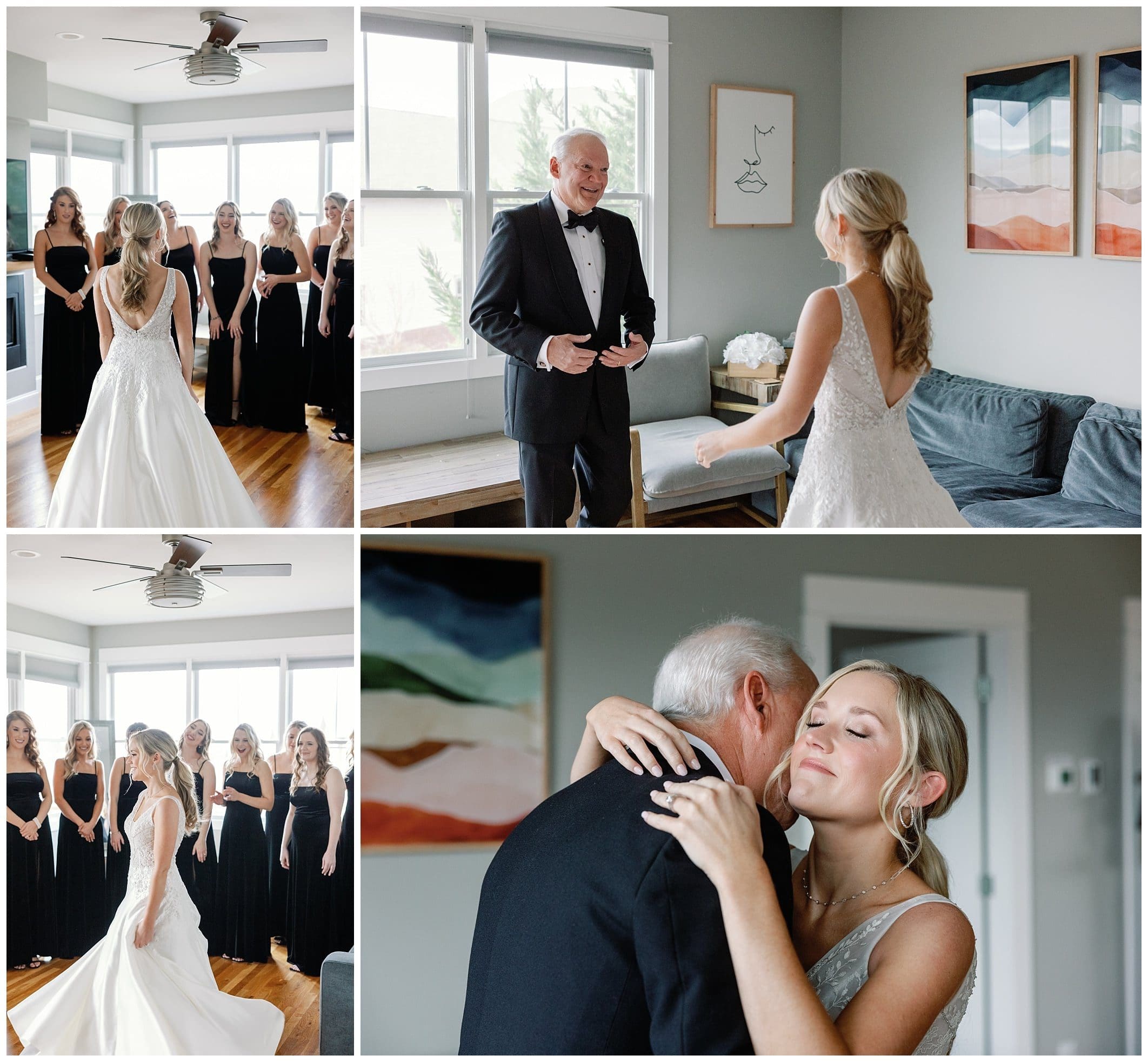 bride seeing bridesmaids and her father for the first time in her dress