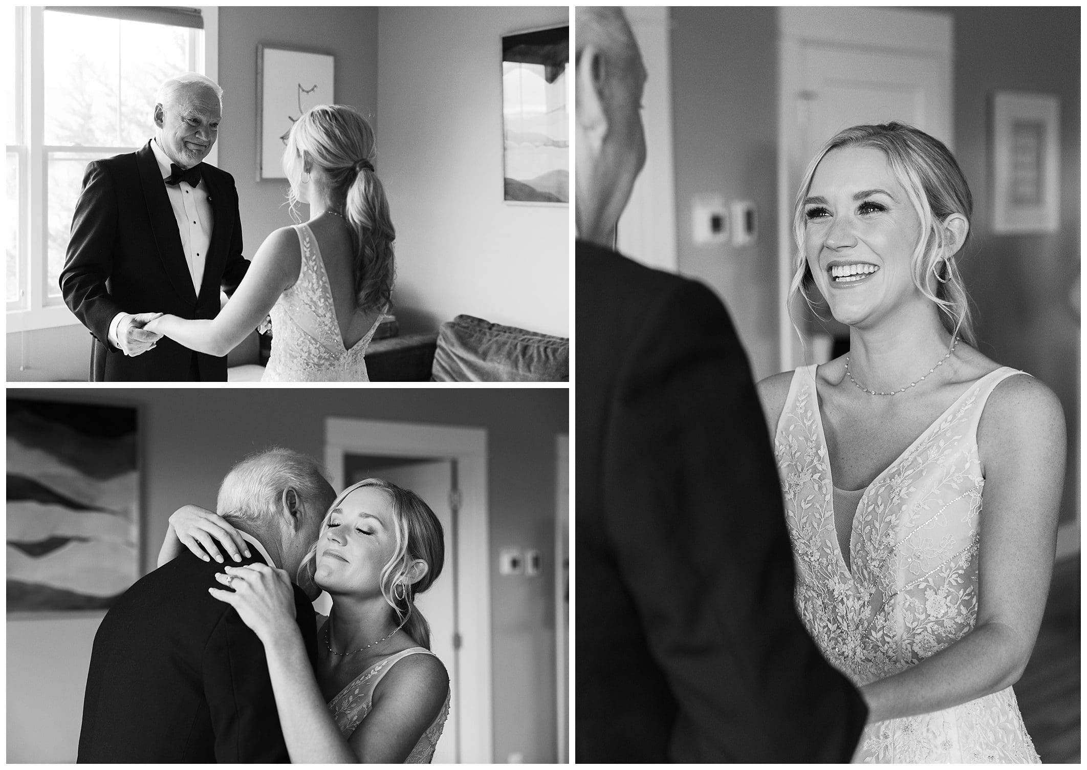 black and white photo of bride seeing her father for the first time in her dress