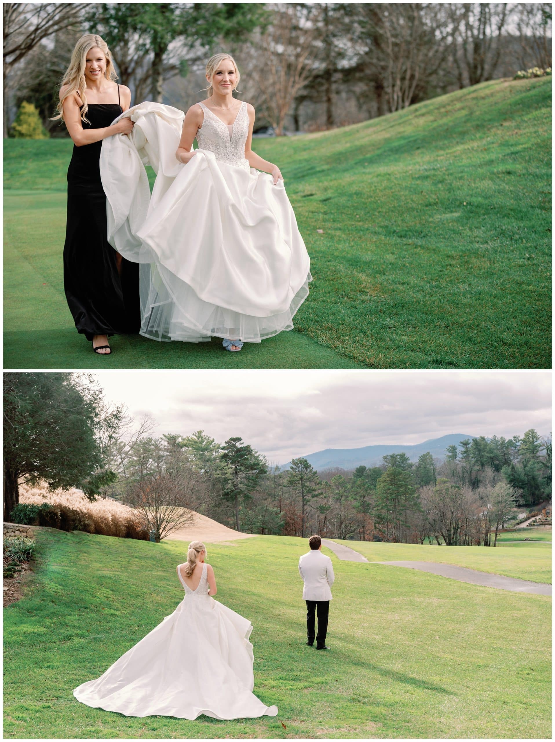bride walking outdoors to see her groom for a first look on golf course
