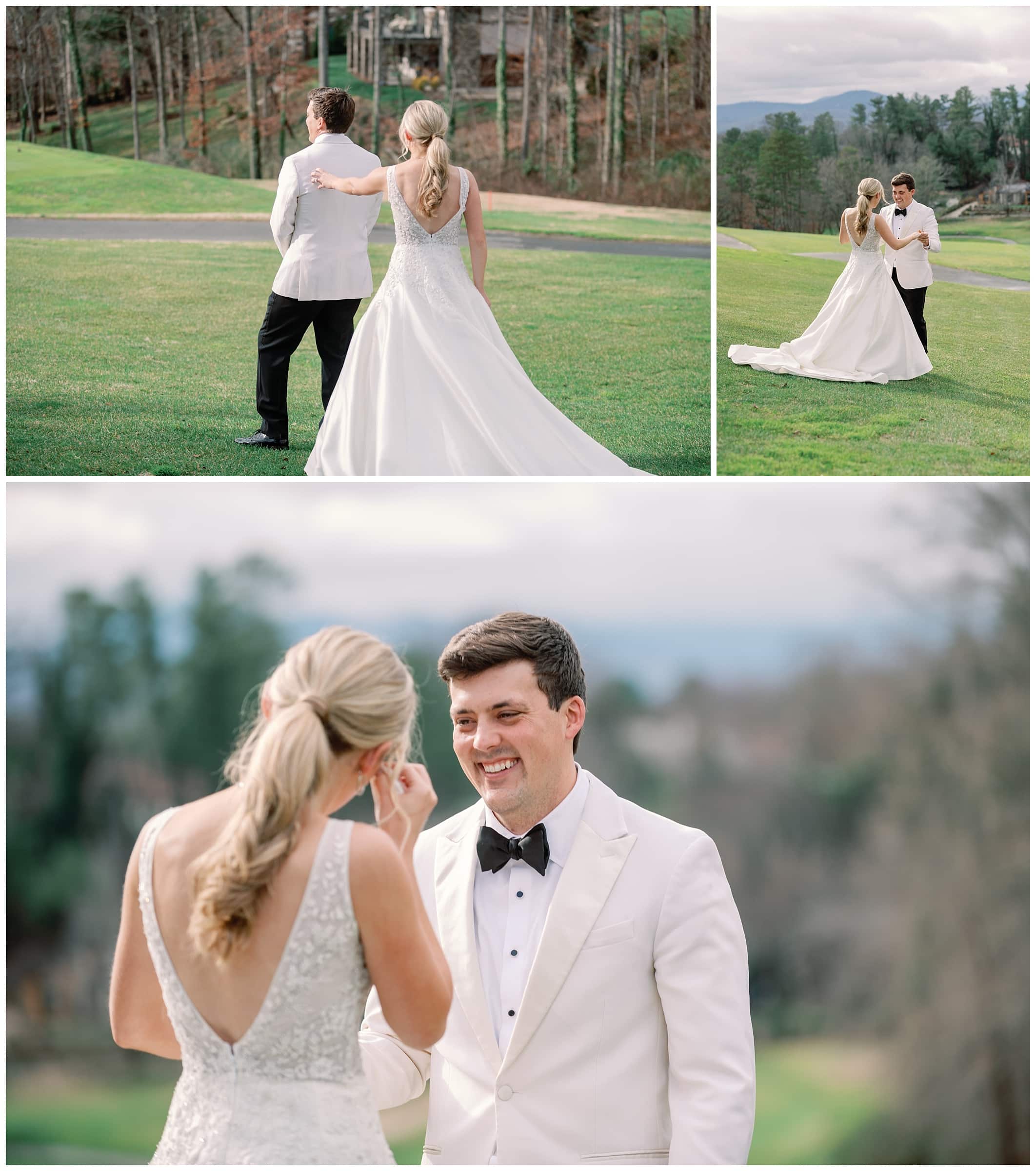 bride and groom share first look outdoors for their Asheville winter wedding