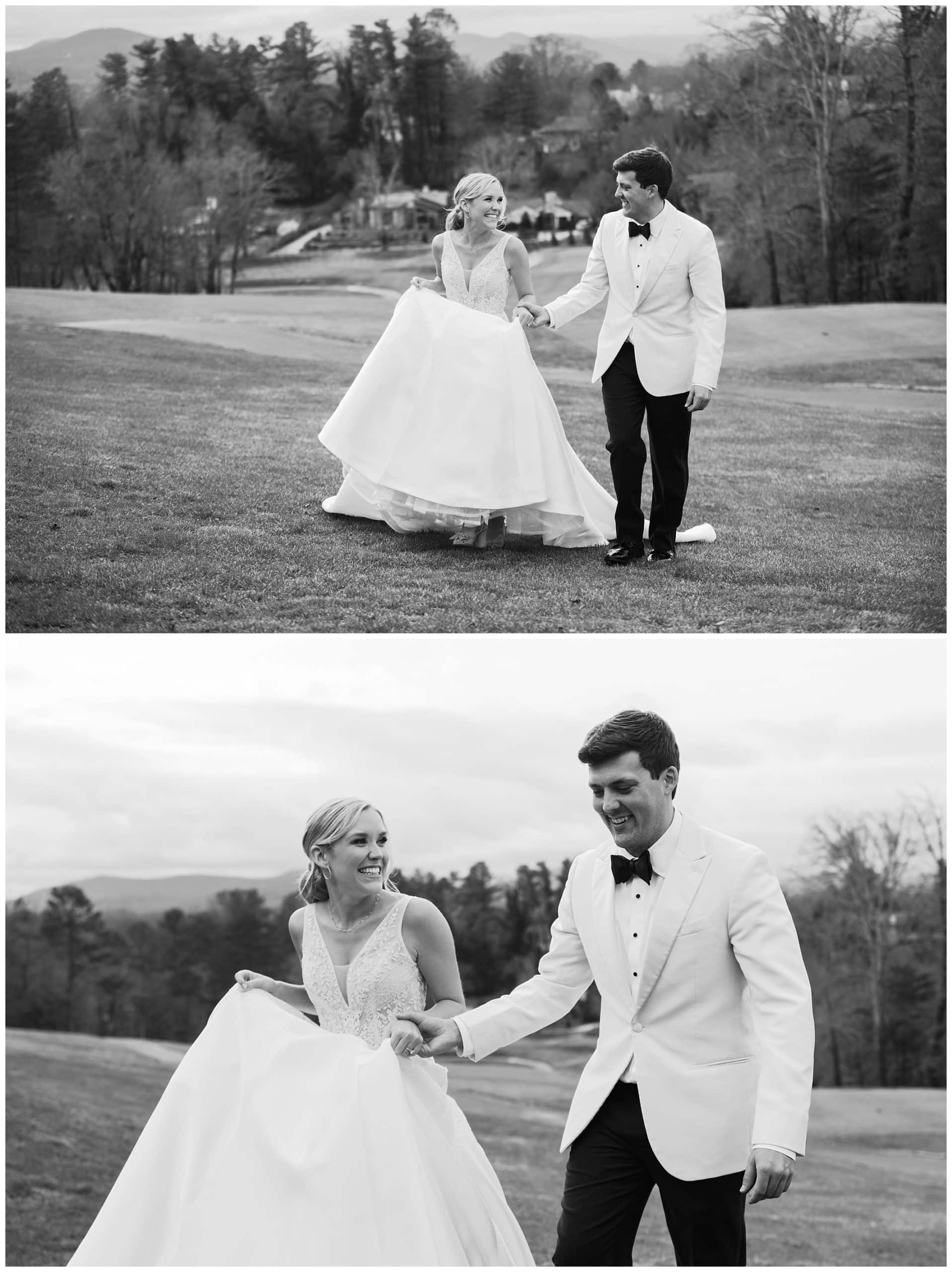 black and white photo of couple outside for Asheville winter wedding