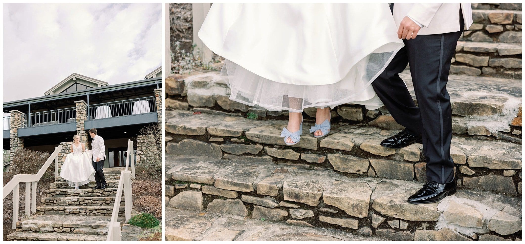 couple walks on stone stairs outdoors for their wedding