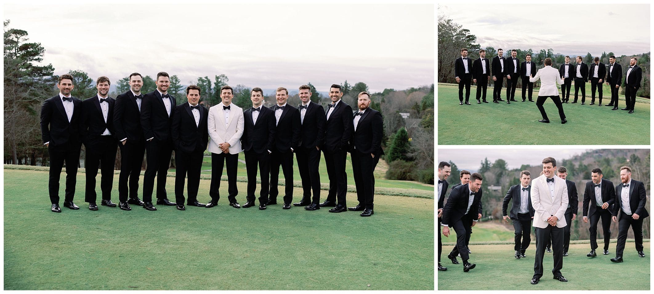 groom and groomsmen pose outdoors at Asheville Country Club