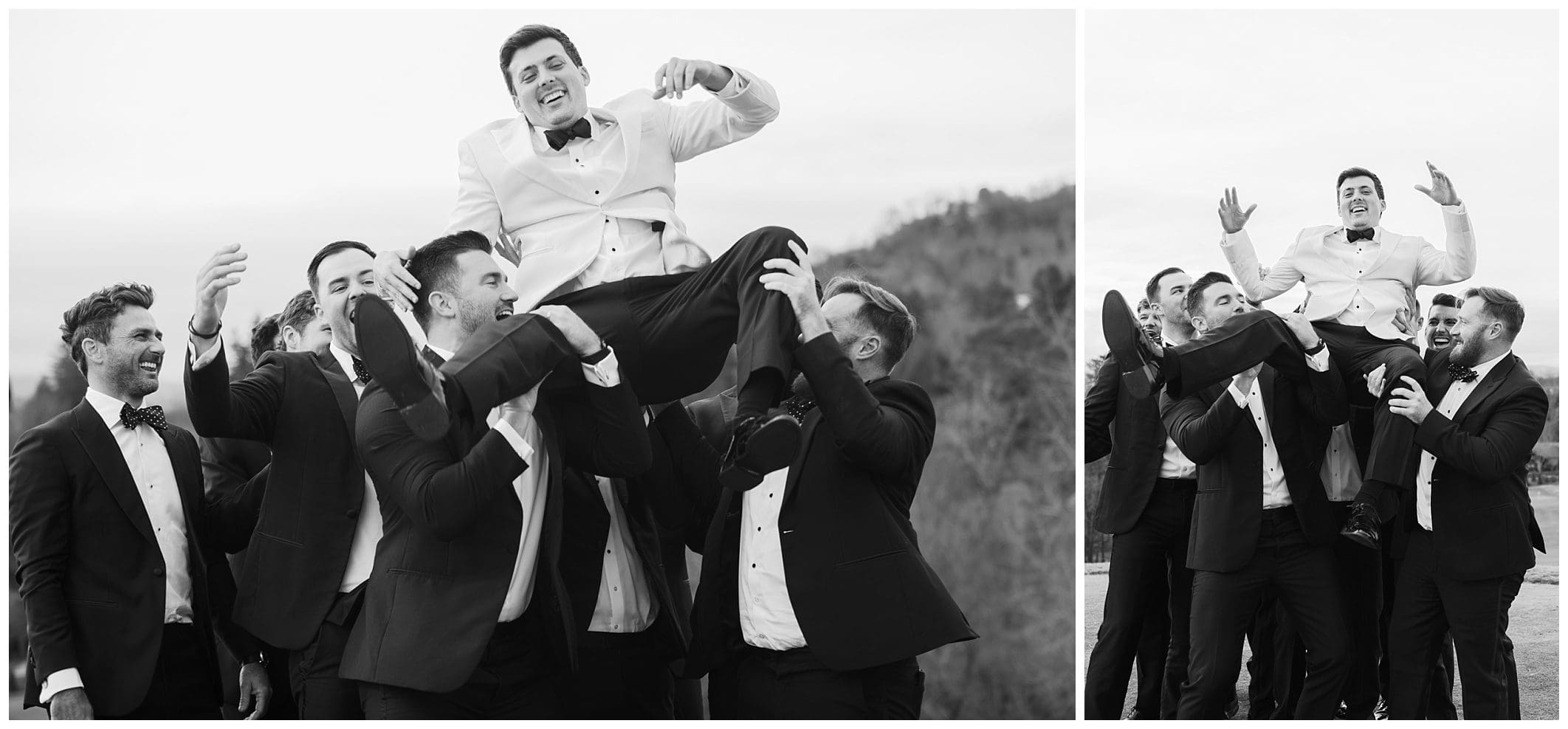 black and white photo of groom being carried by groomsmen