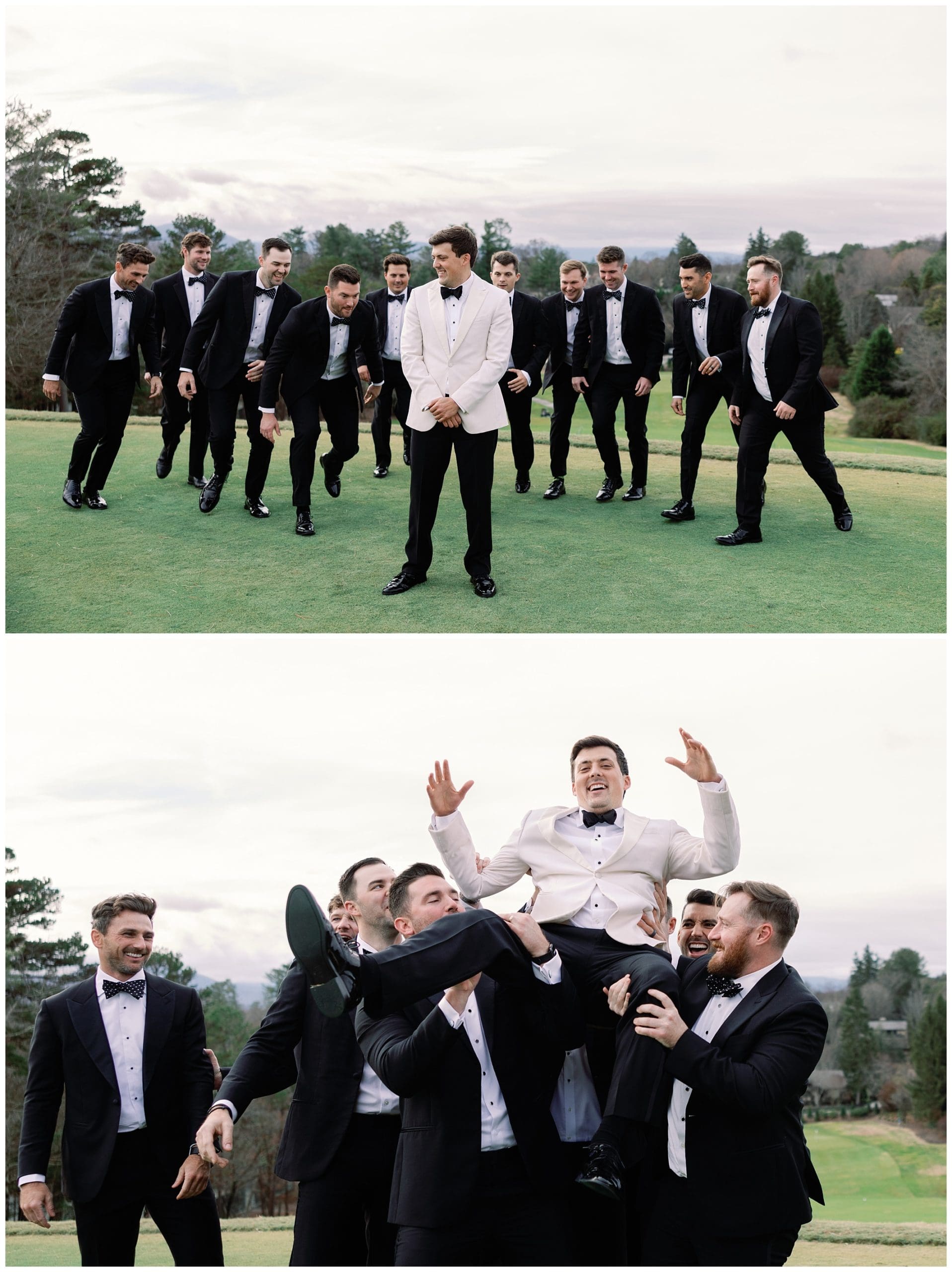 Groom in white suit and black pants takes photo with groomsmen in black suits on lawn