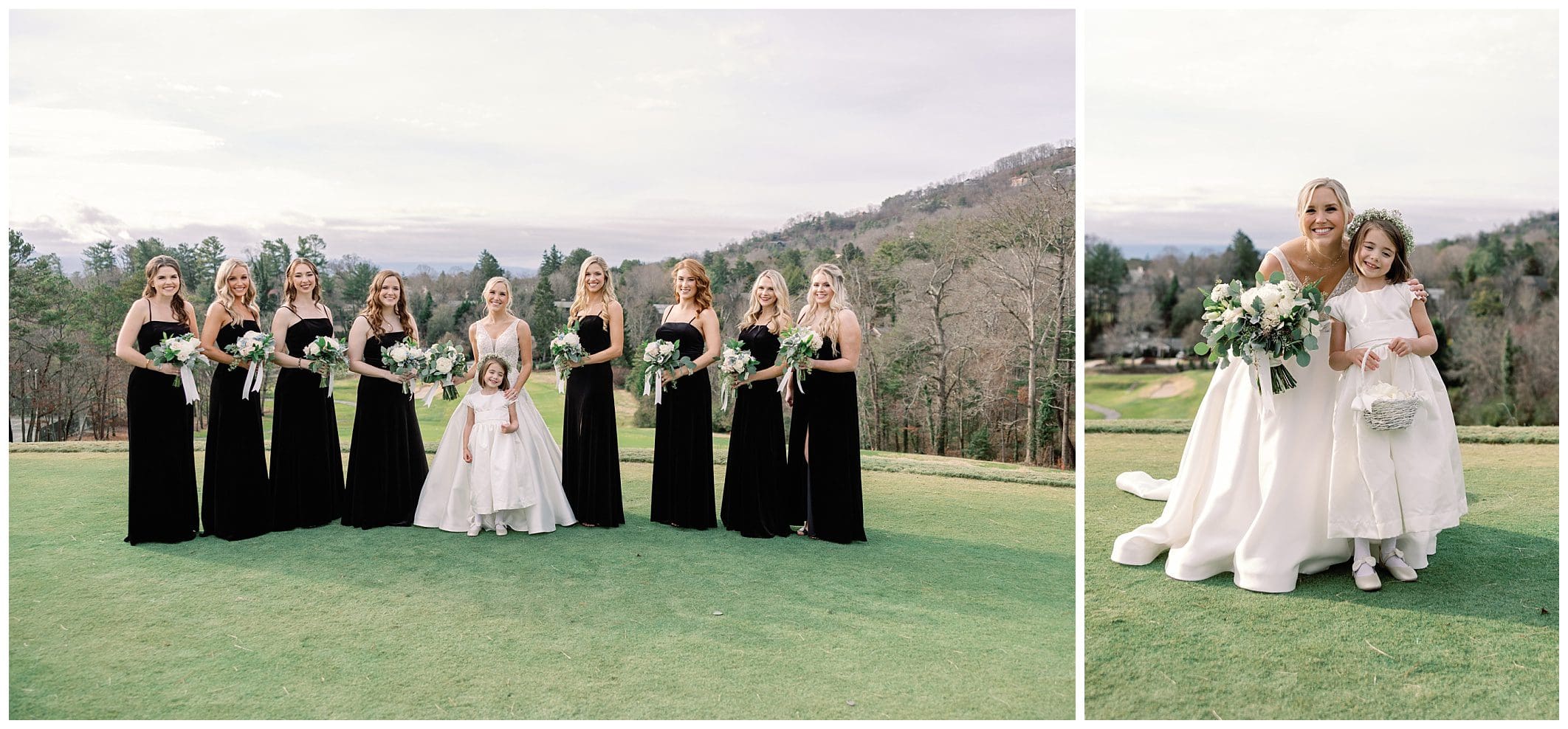 bride poses with bridesmaids wearing black dresses outdoors in Asheville