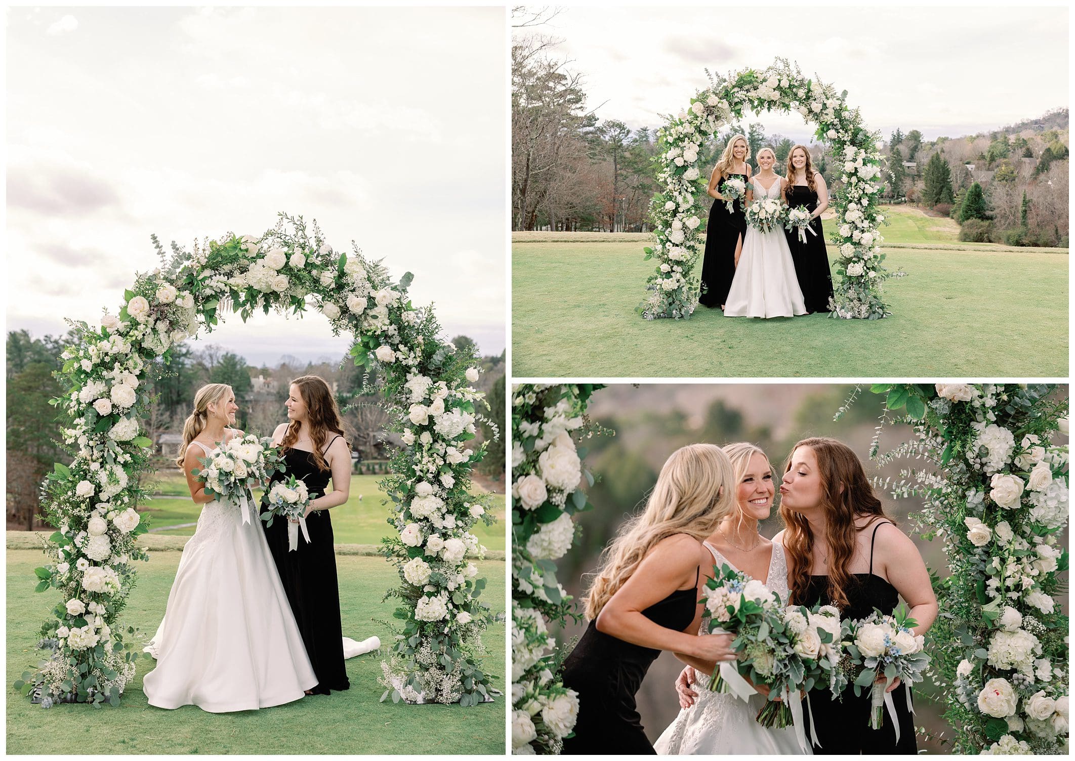 bride poses with bridesmaids under floral arch outdoors