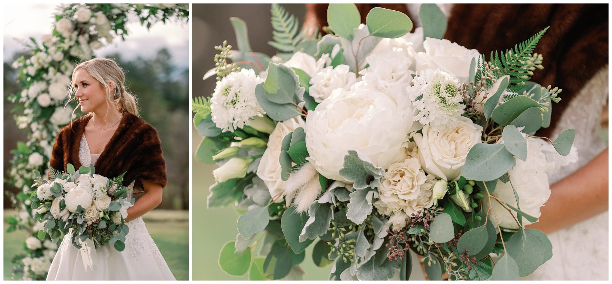 bride wearing brown fur holding green and white bouquet