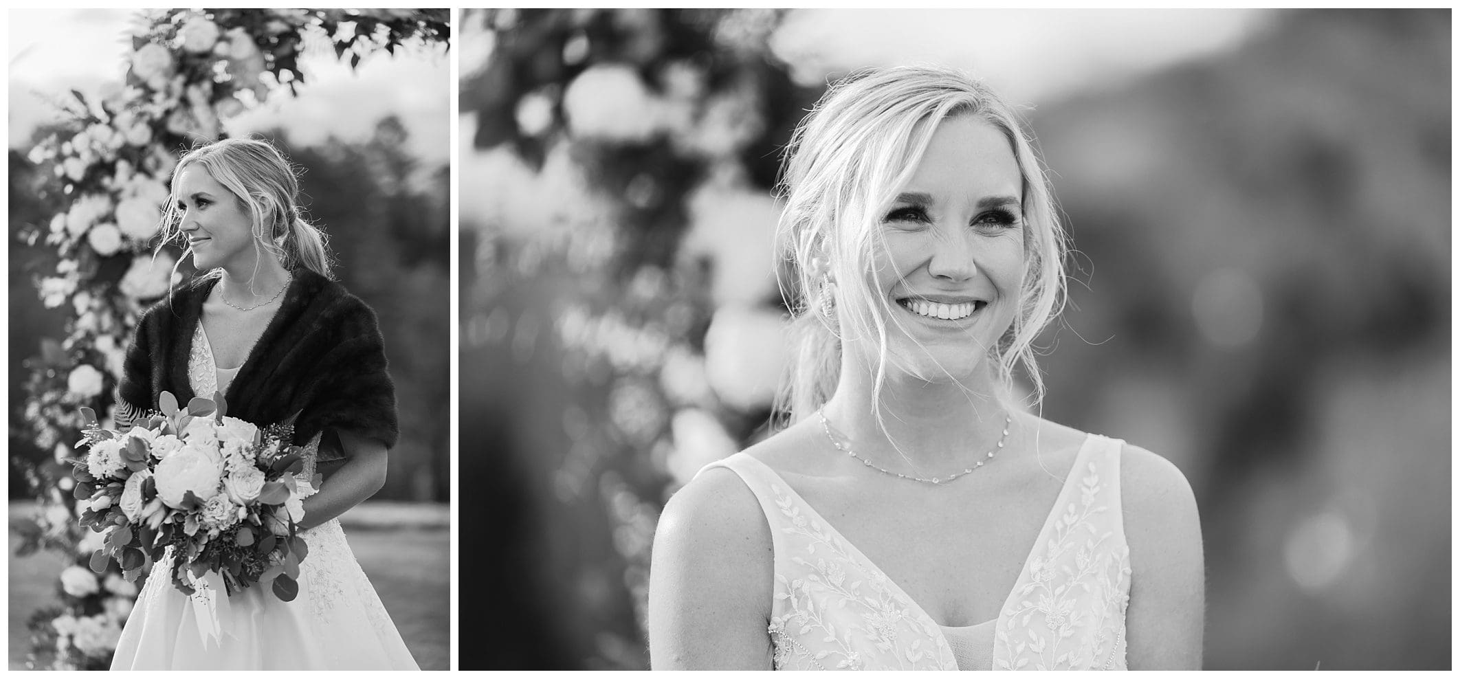 black and white photo of bride outdoors