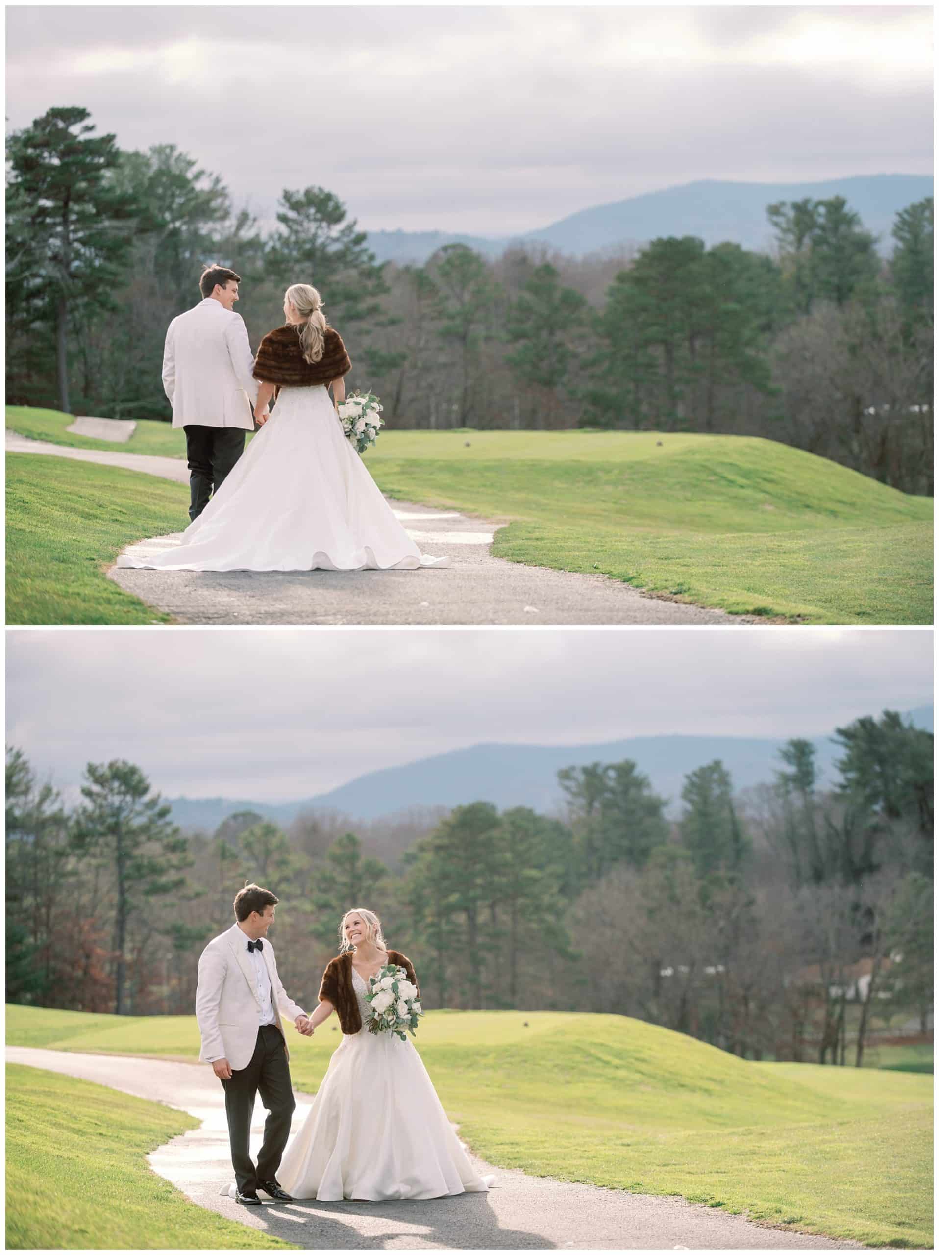 bride and groom pose on golf course for their Asheville winter wedding