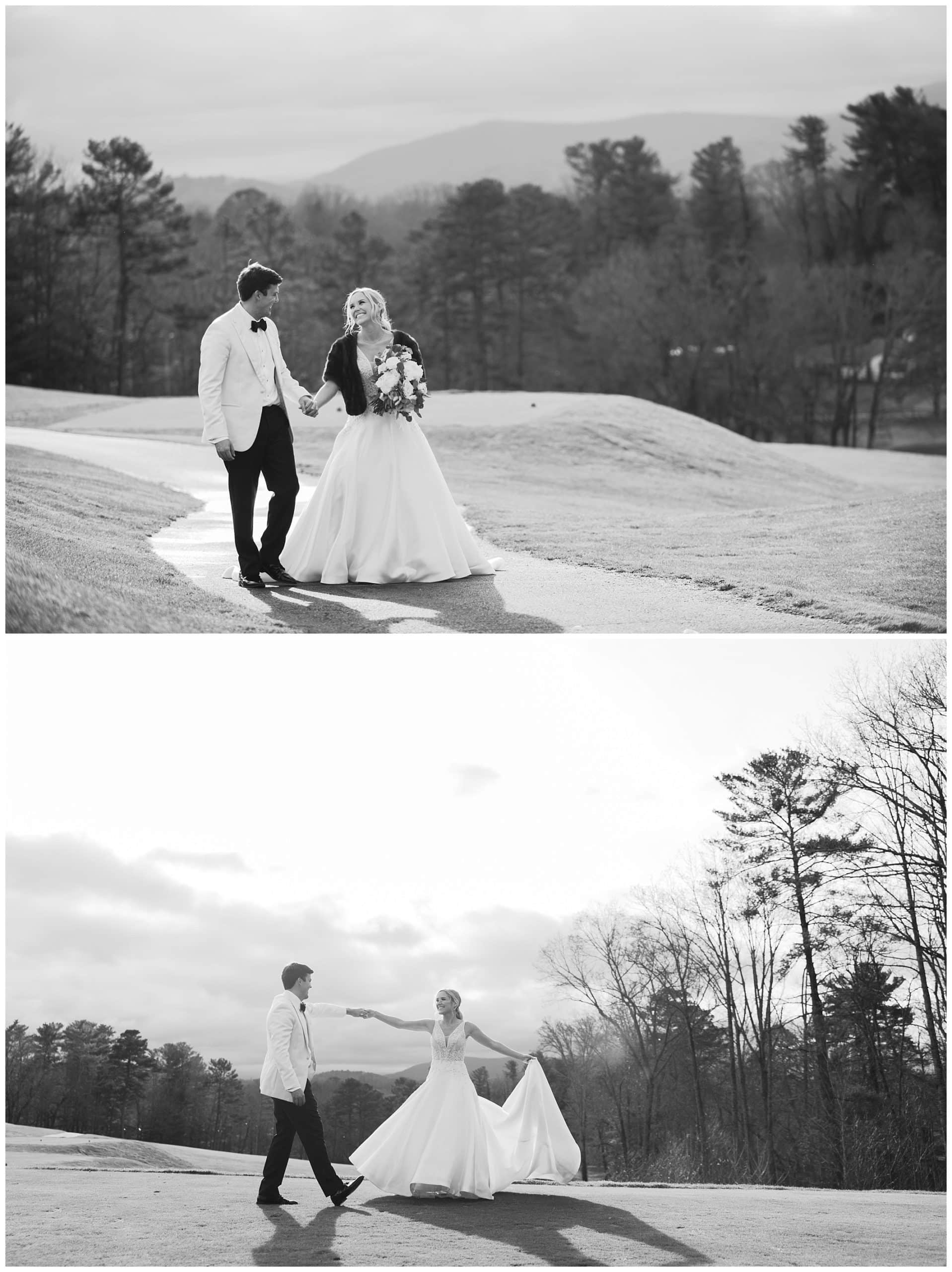 black and white portrait of bride and groom spinning on golf course