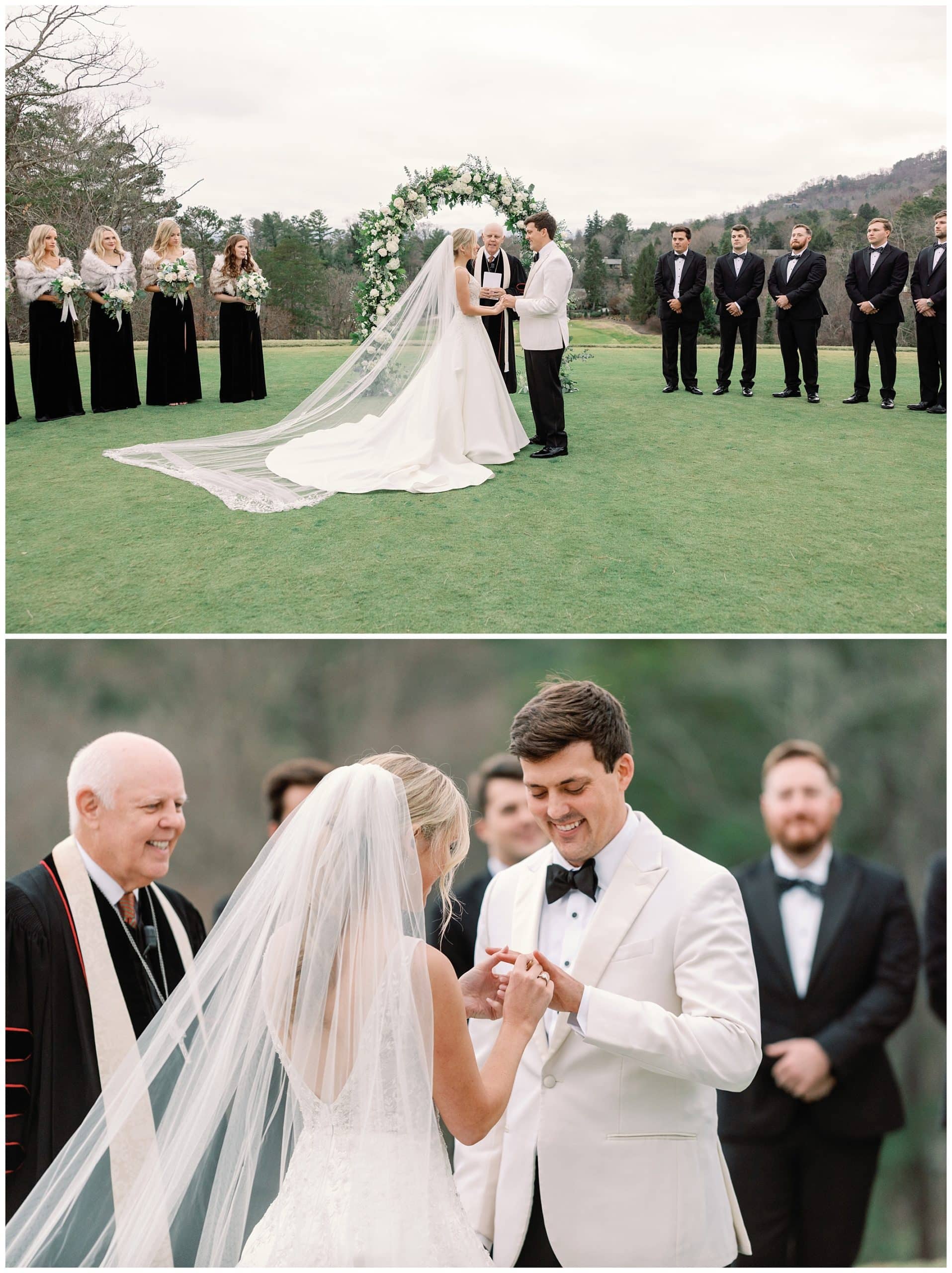 bride and groom exchange rings for their Asheville winter wedding outdoors