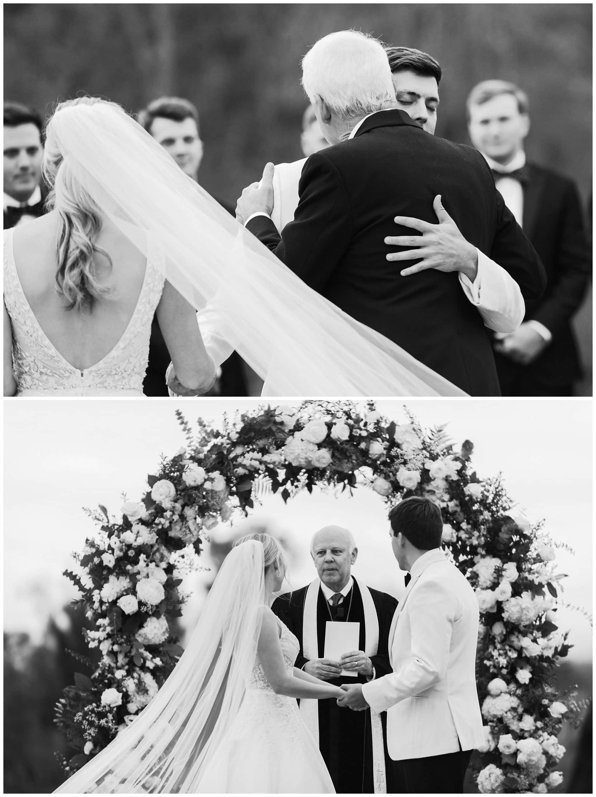 black and white photo of bride and groom at altar for Asheville winter wedding
